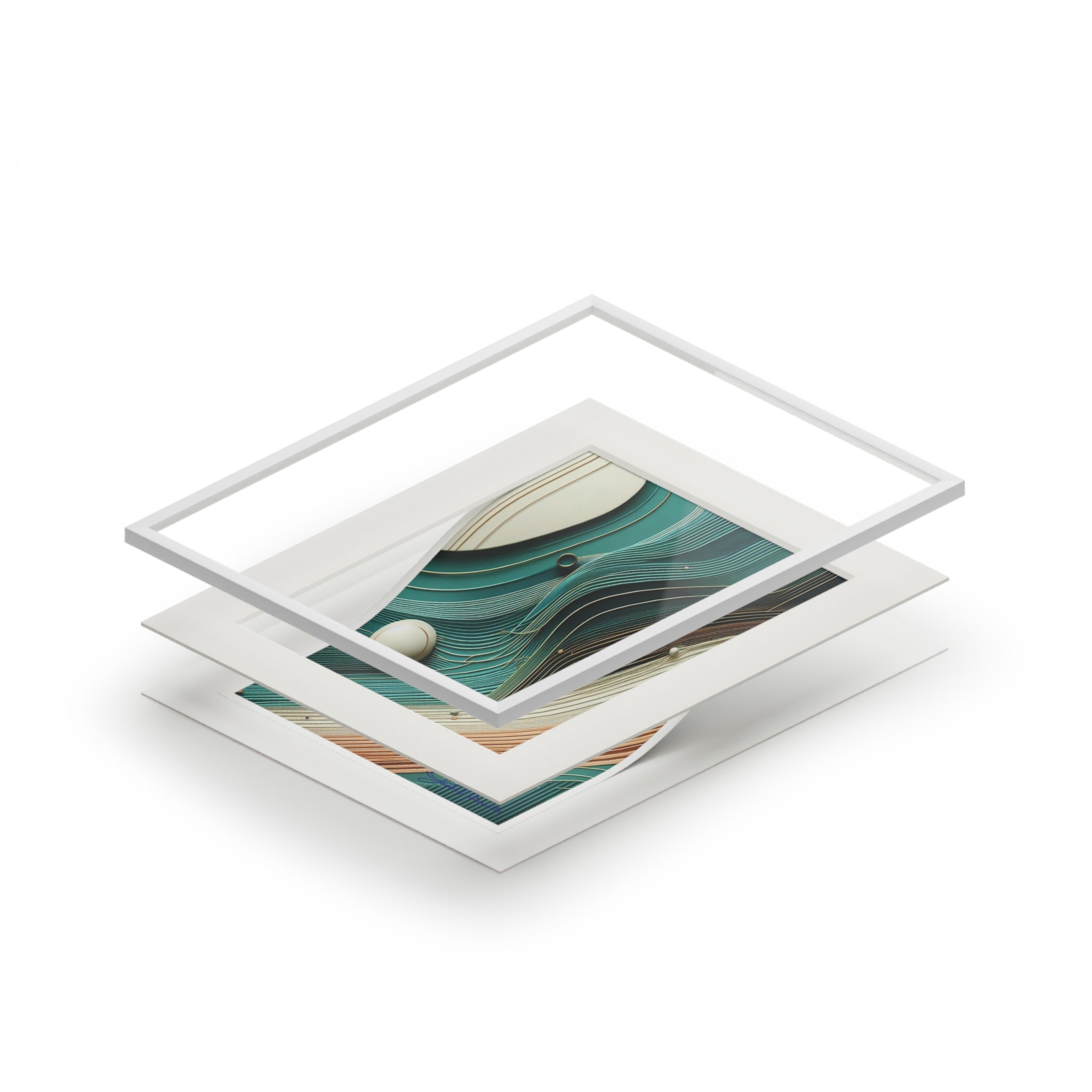 Stack of white photo frames with a scenic design on a white background
