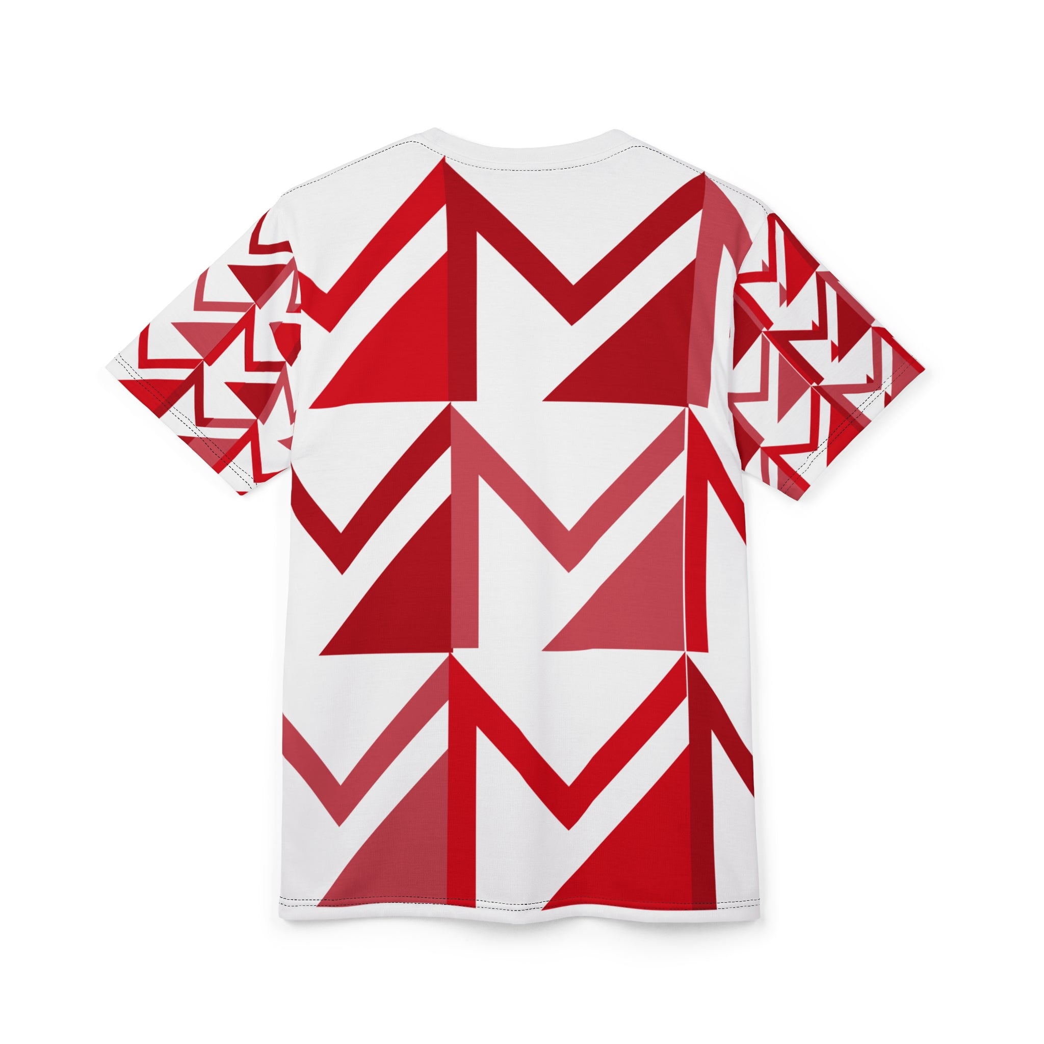 White t-shirt with red geometric pattern on a white background