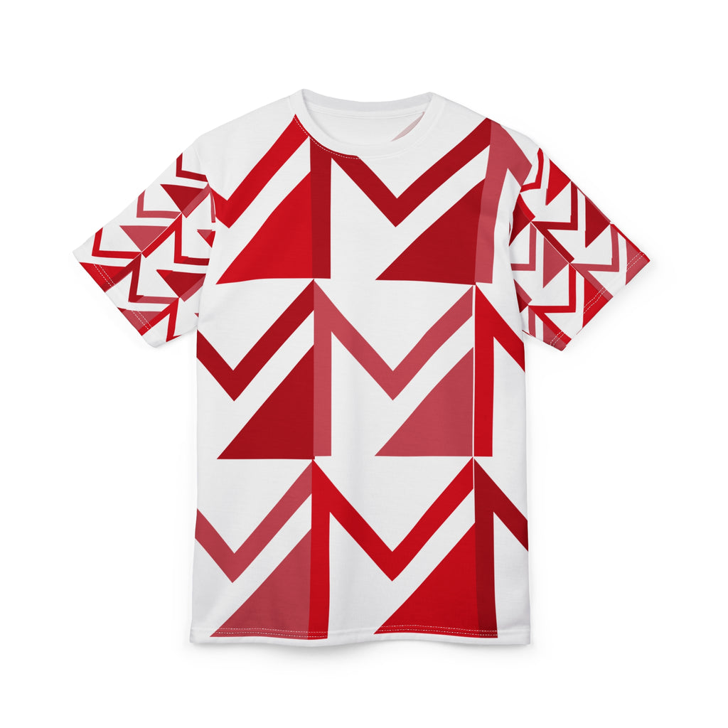 White t-shirt with red geometric pattern on a white background