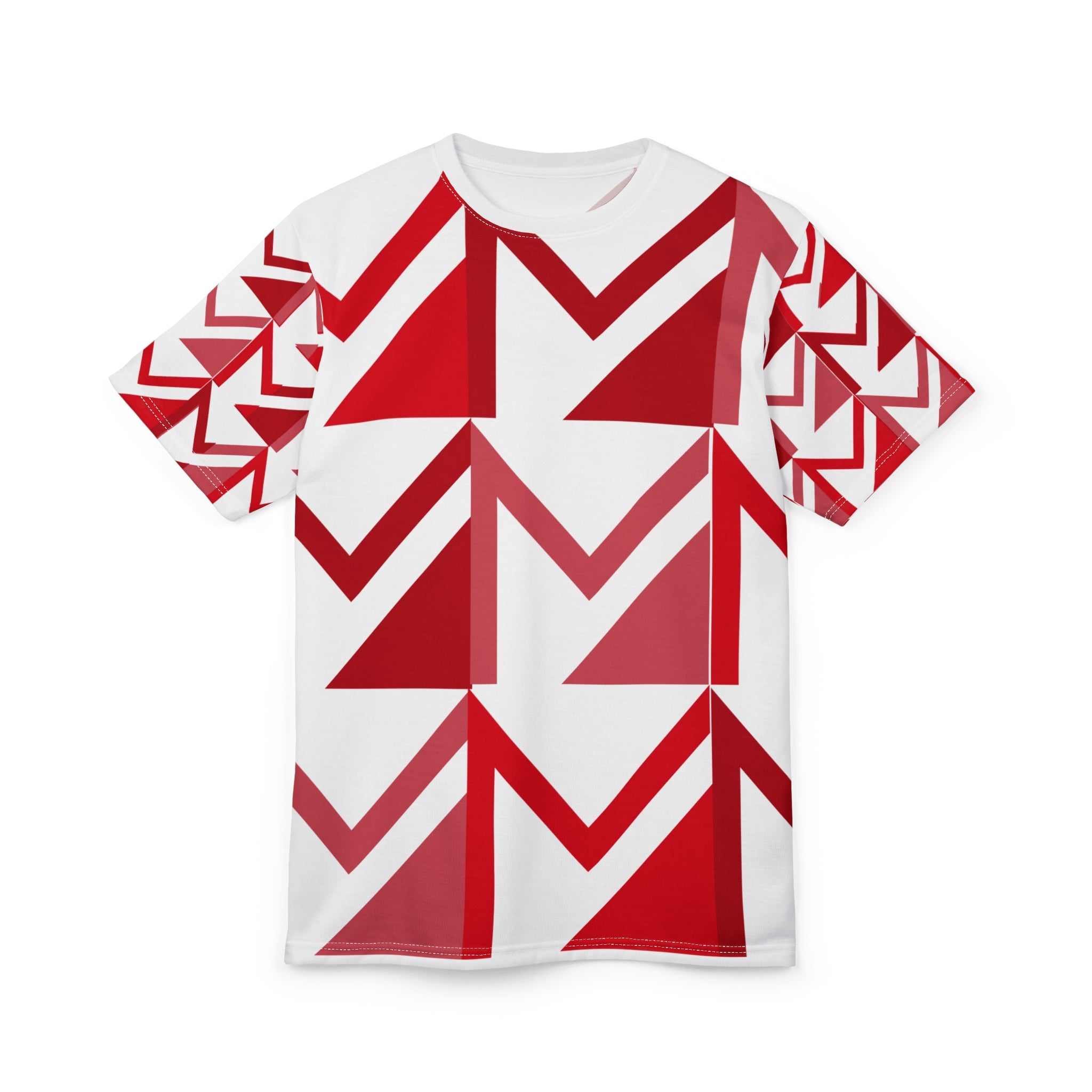 White t-shirt with red geometric pattern on a white background