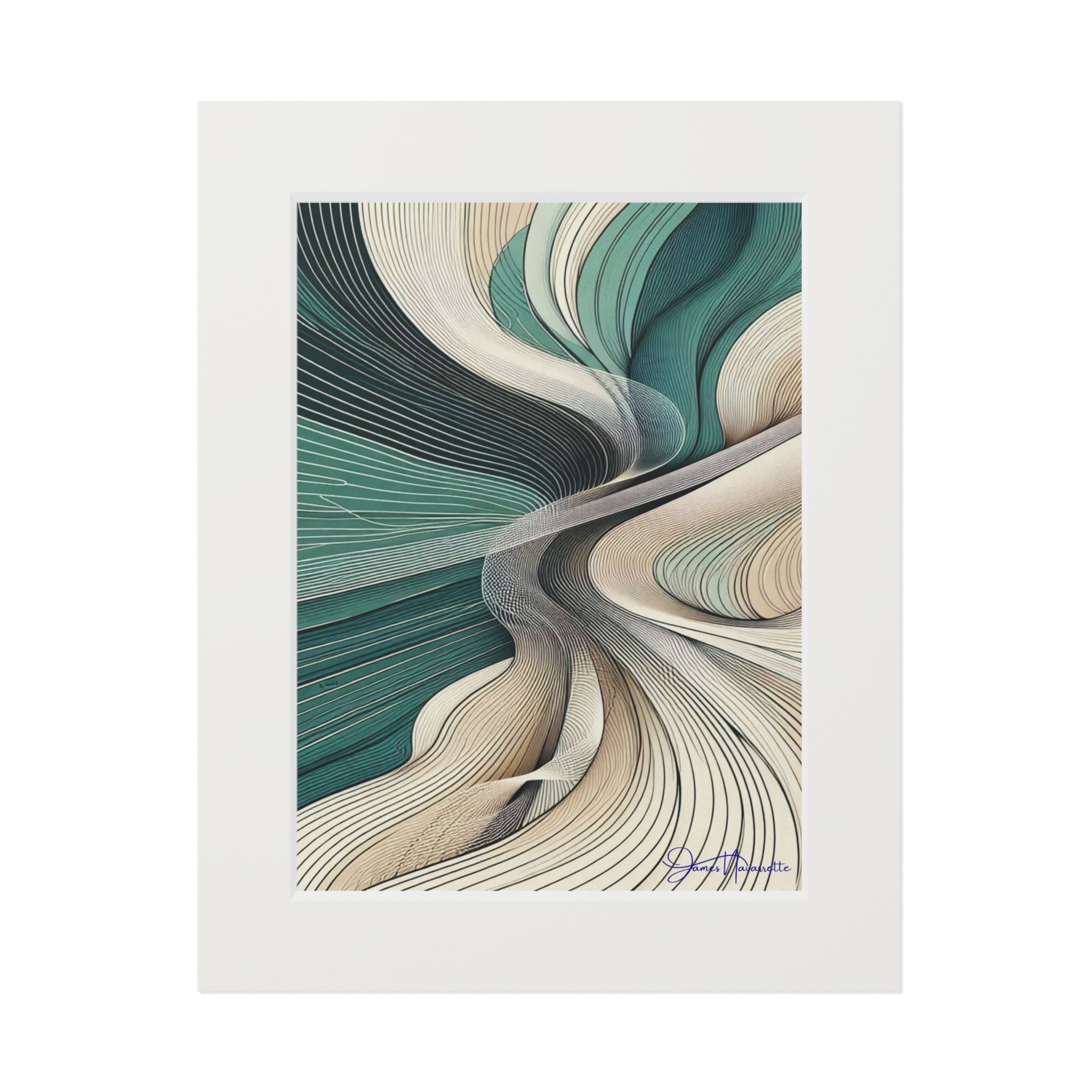 Abstract art print with wavy lines in green and beige on a white background