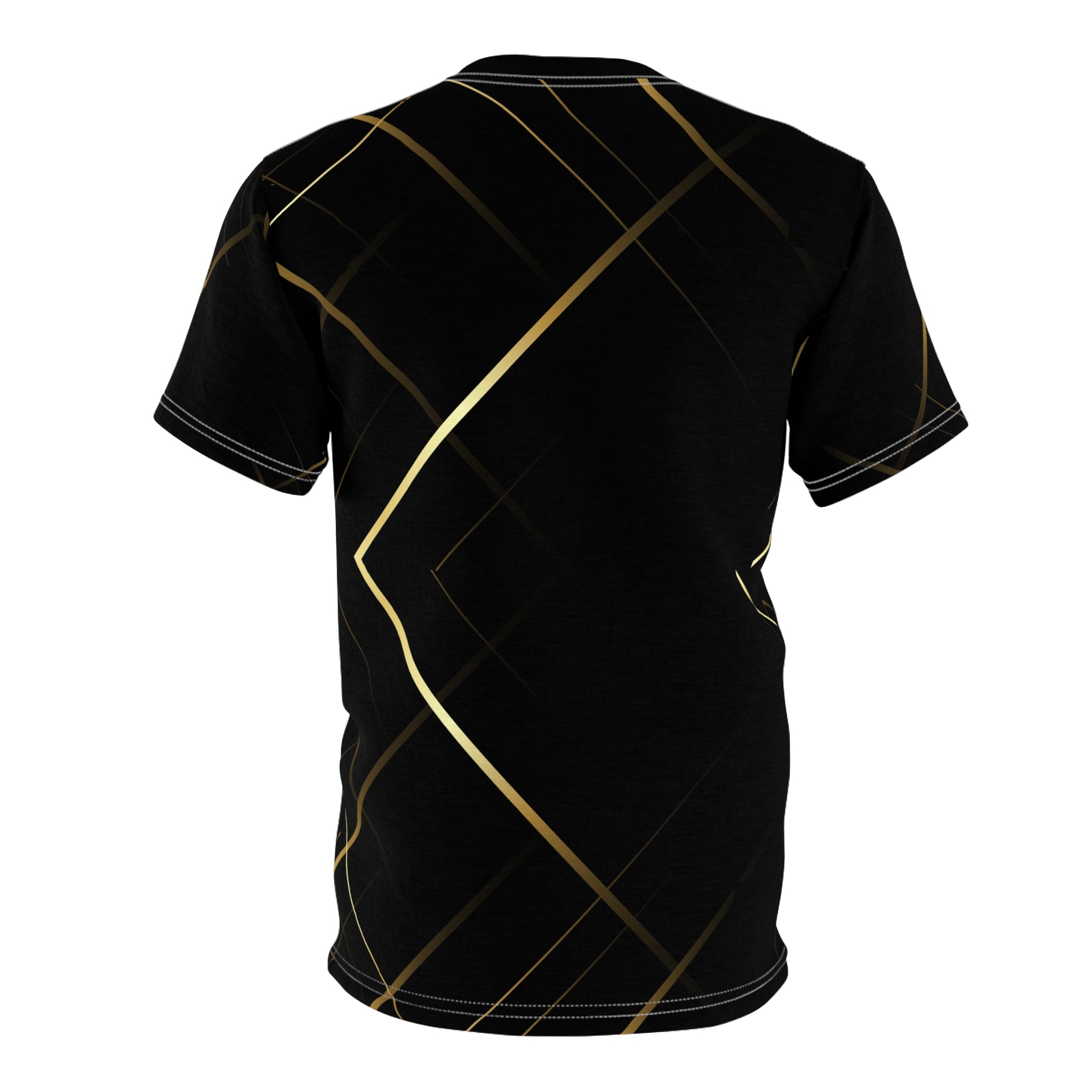Black t-shirt with gold geometric patterns on a white background