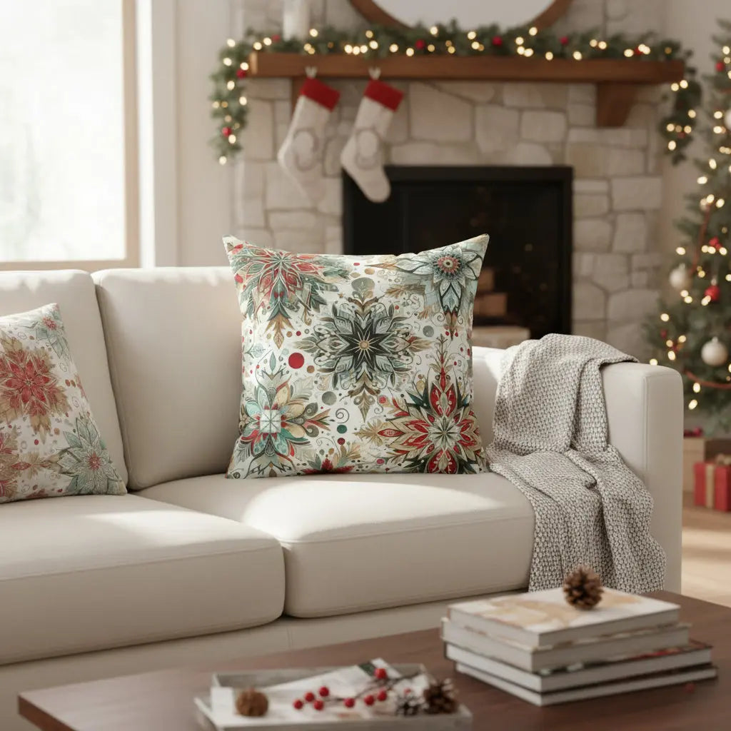 Decorative pillow with a colorful floral pattern on a white background