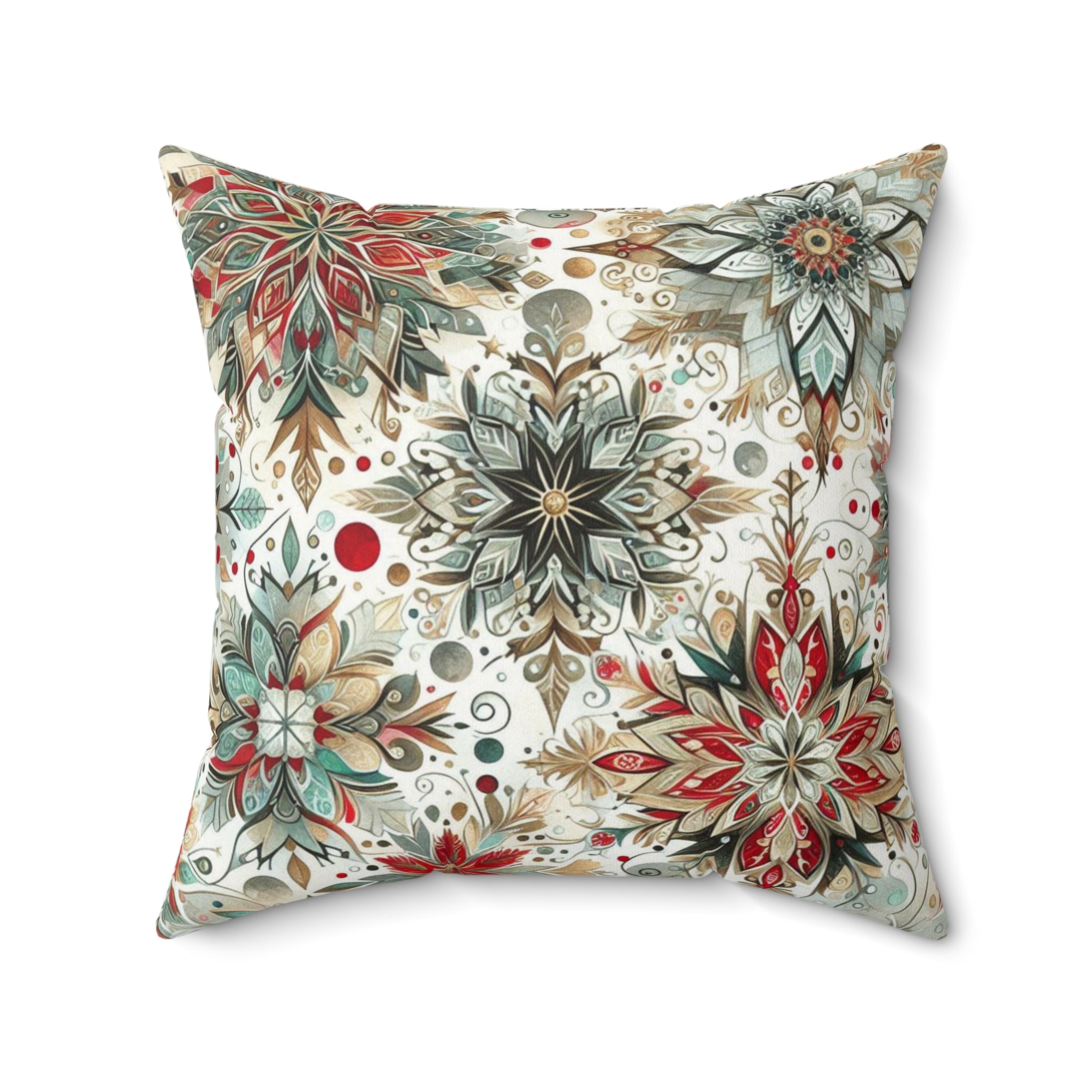Decorative pillow with a colorful floral pattern on a white background