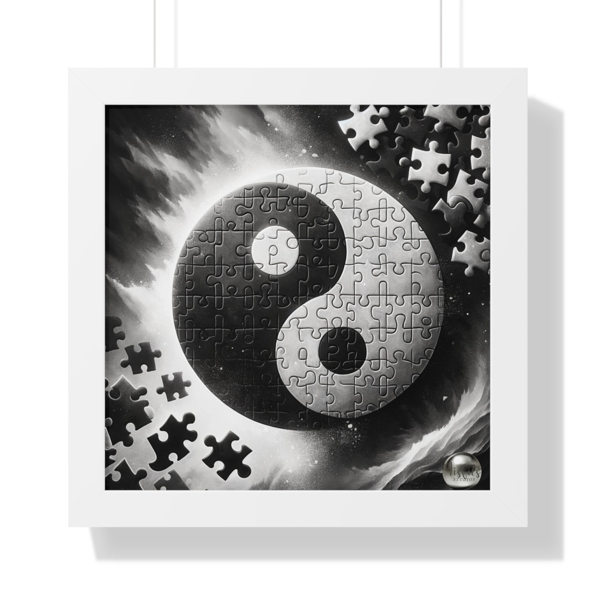 Yin yang symbol puzzle with white frame