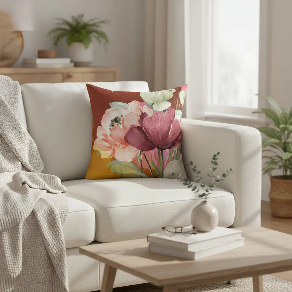 Floral-patterned pillow with pink and purple flowers on a white background