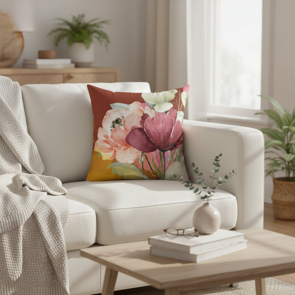 Floral-patterned pillow with pink and purple flowers on a white background