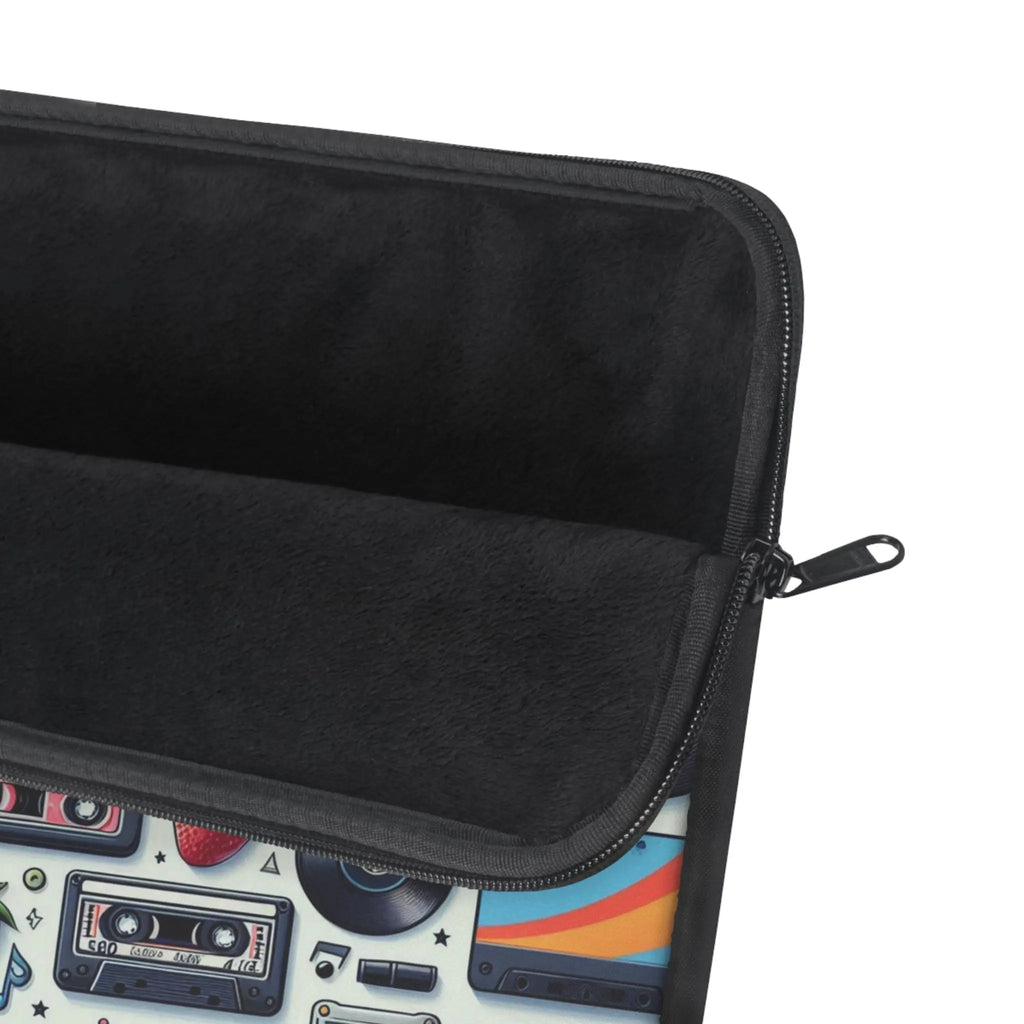 Black zippered case with a colorful interior design on a white background