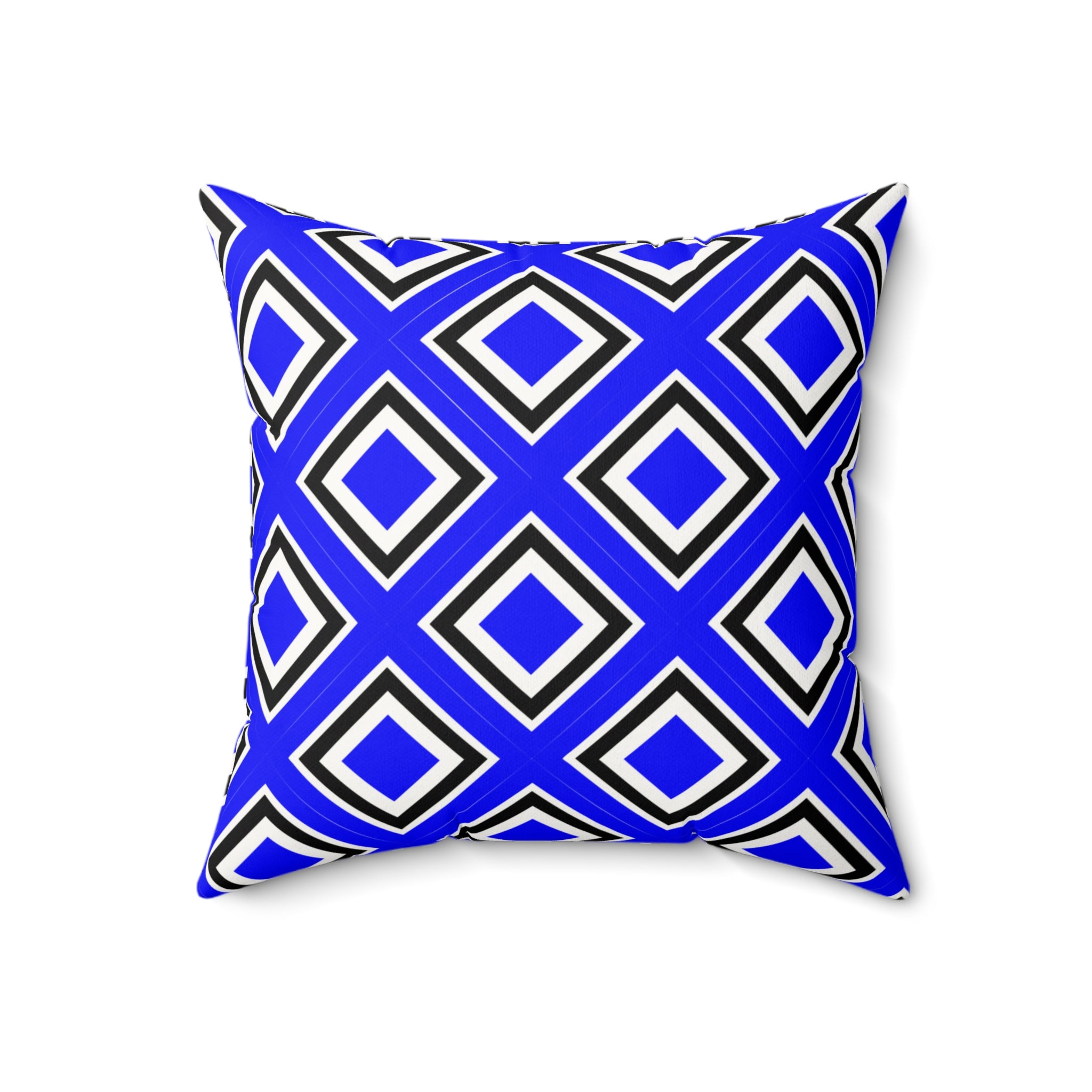 Blue pillow with geometric pattern on a white background