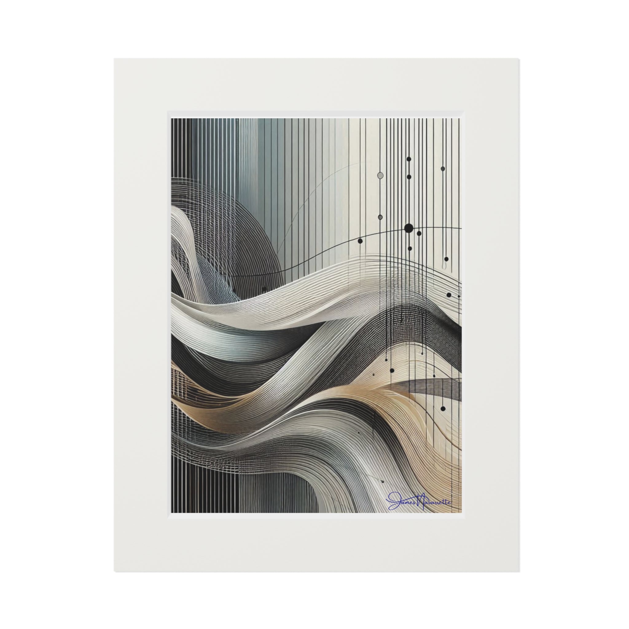 Abstract art print with wavy lines in black, white, and gray on a white background