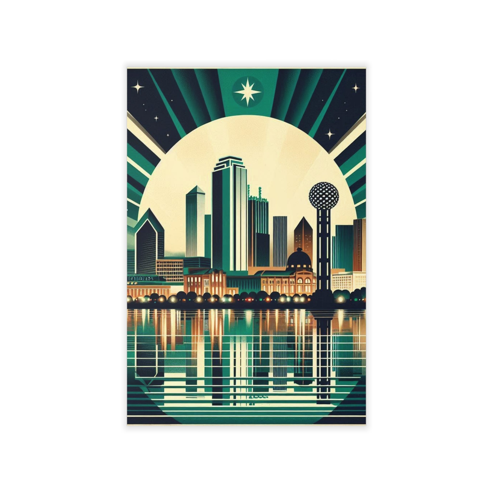 Illustration of a city skyline with a large moon and stars in the background