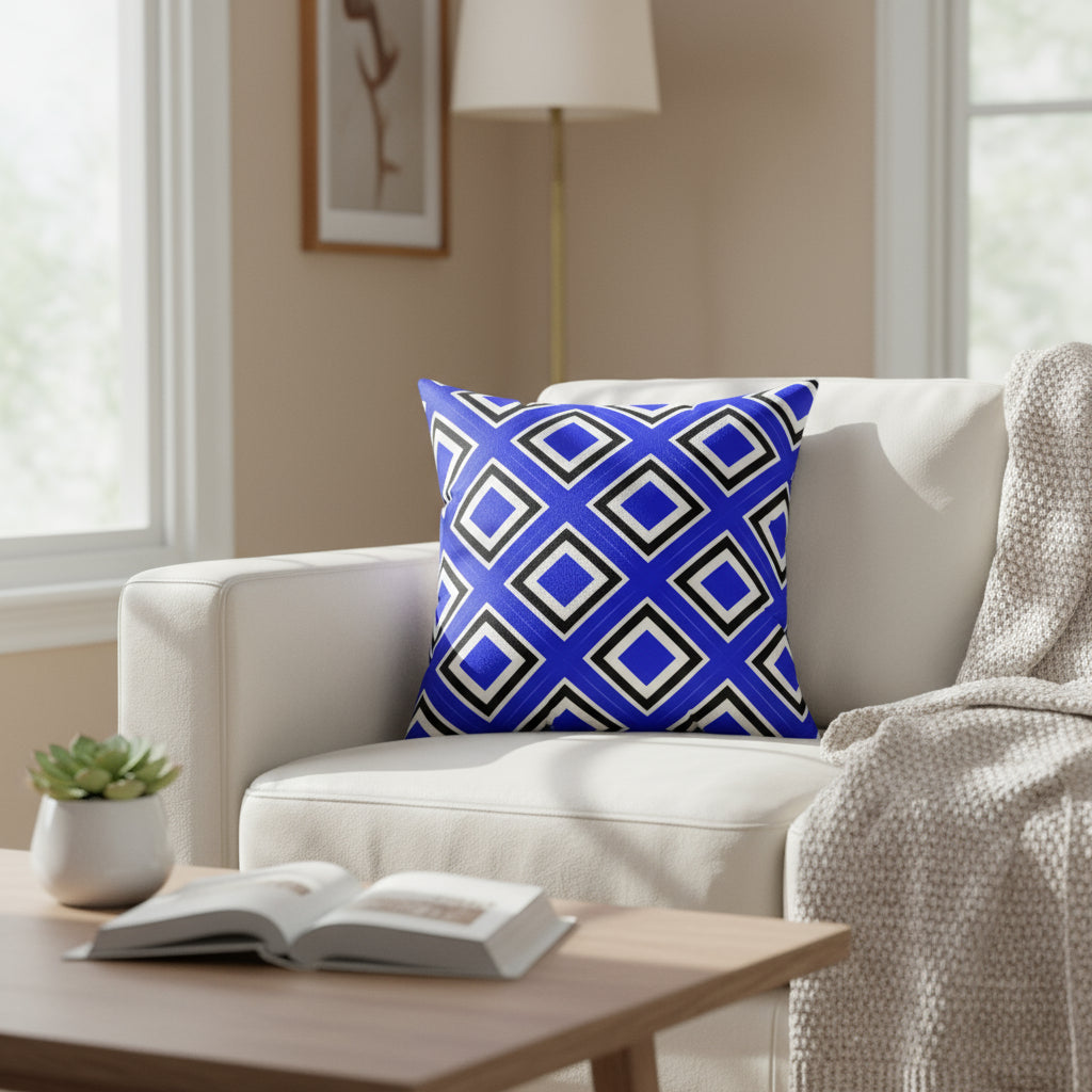 Blue pillow with geometric pattern on a white background