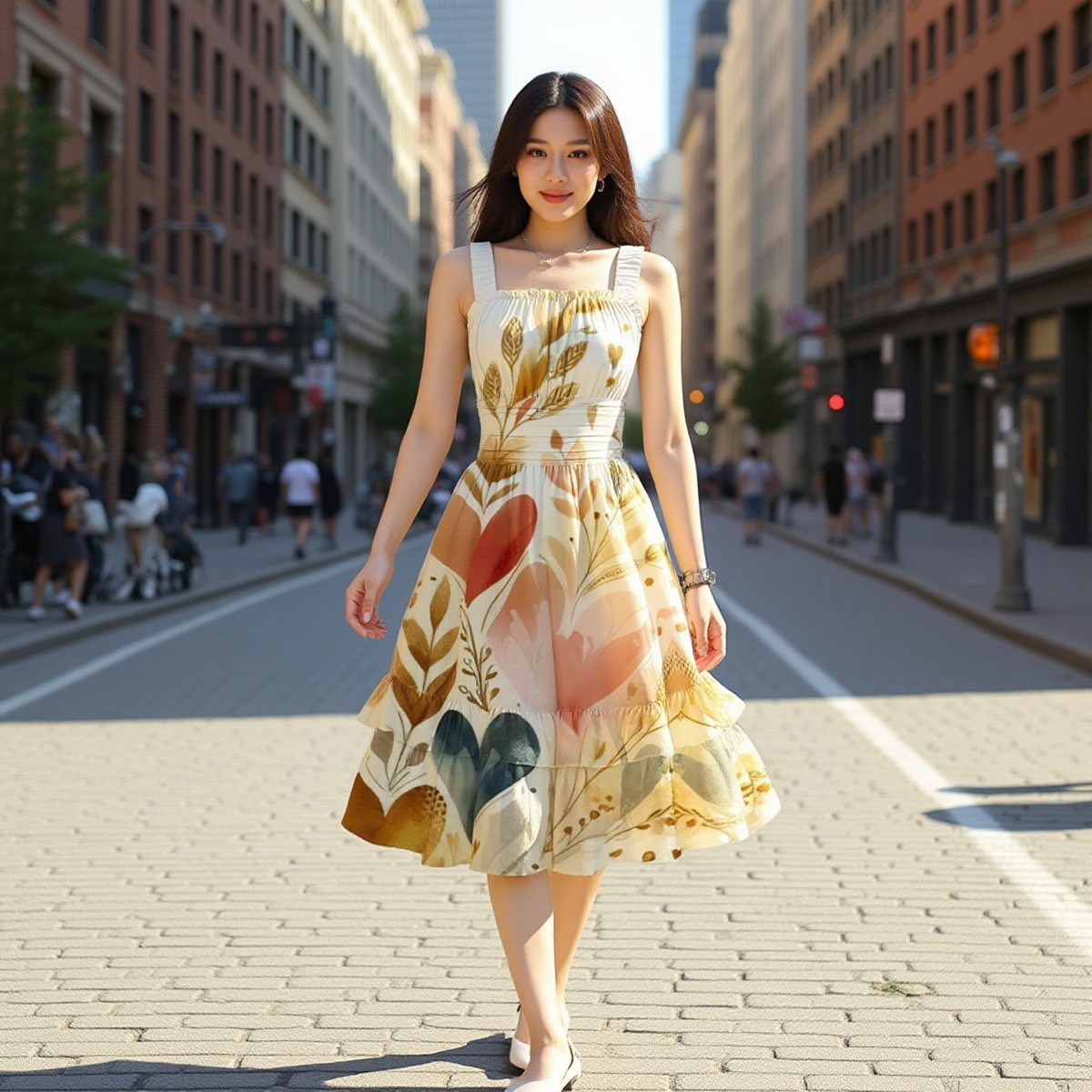 Women's Floral Heart Ruffle Hem Dress in Golden Hue