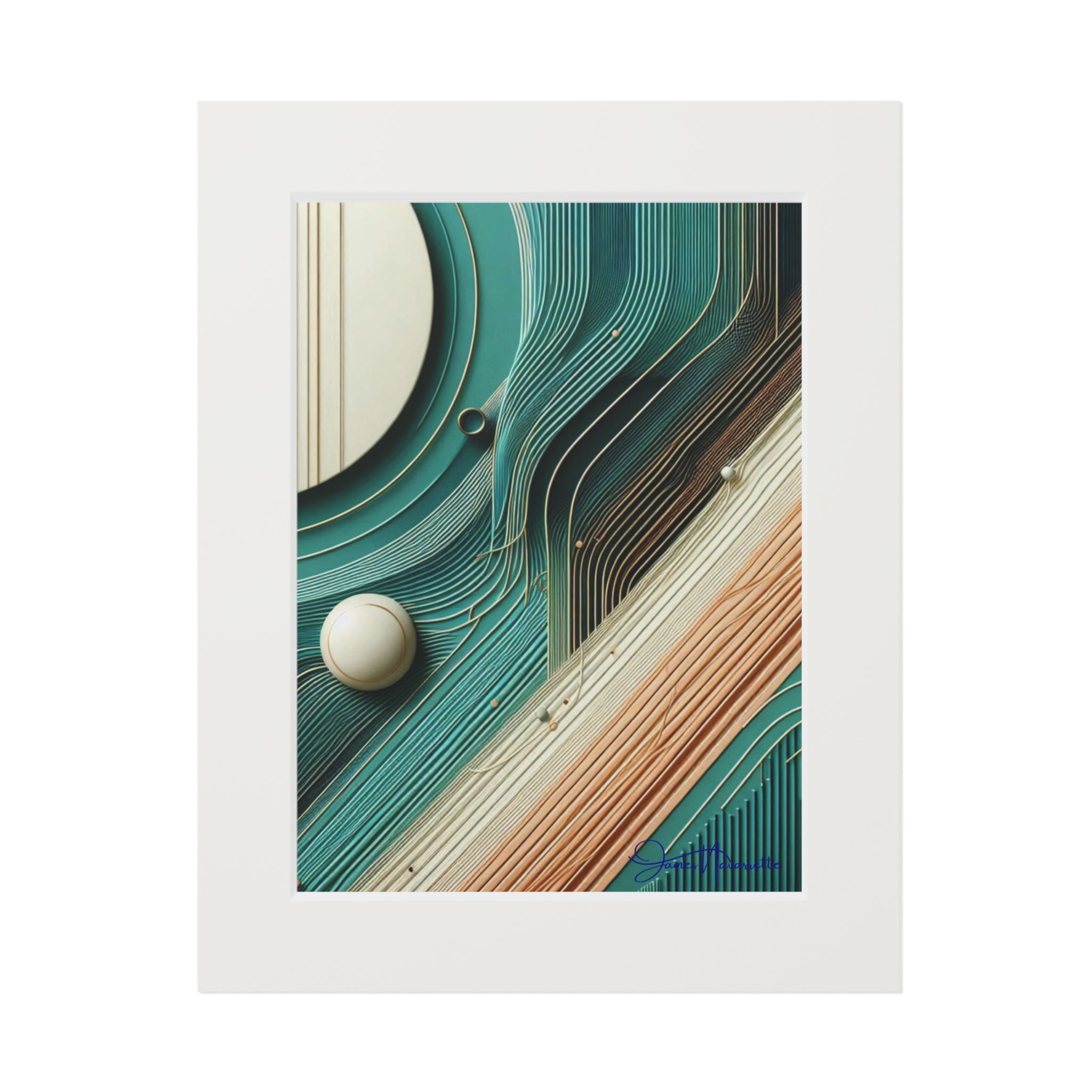 Framed abstract art with wavy lines in teal, brown, and beige.