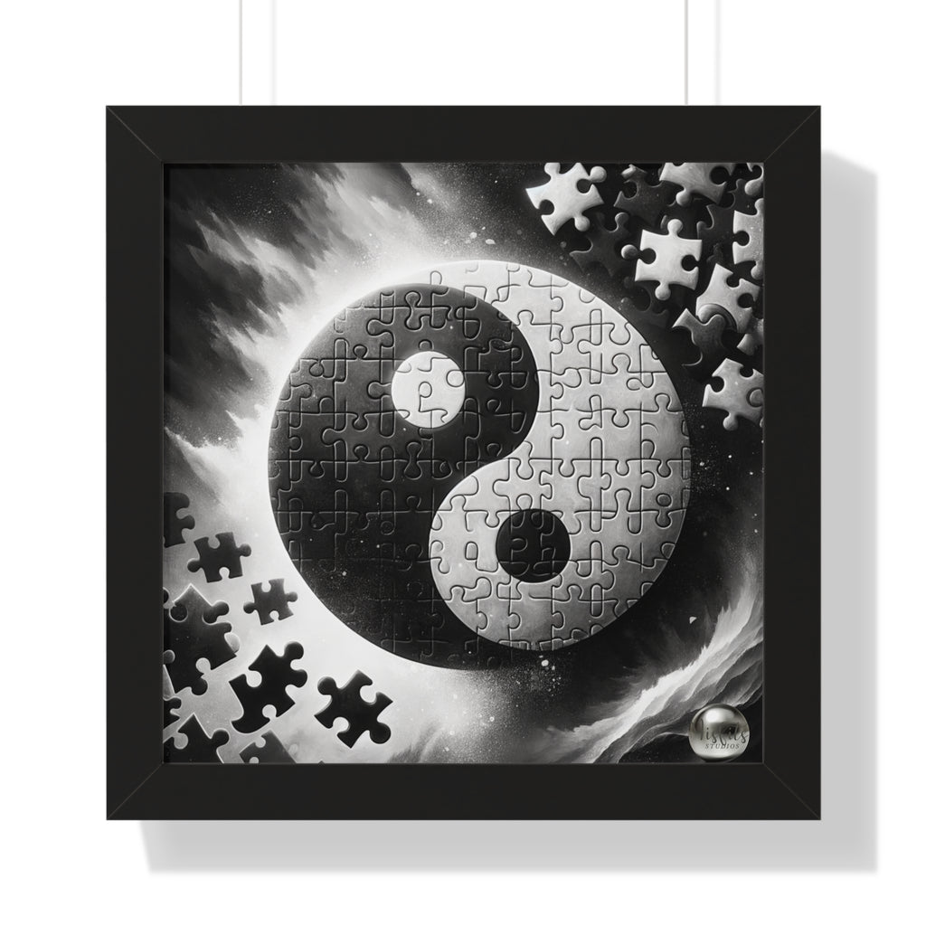 Framed puzzle with a yin yang symbol design on a white background