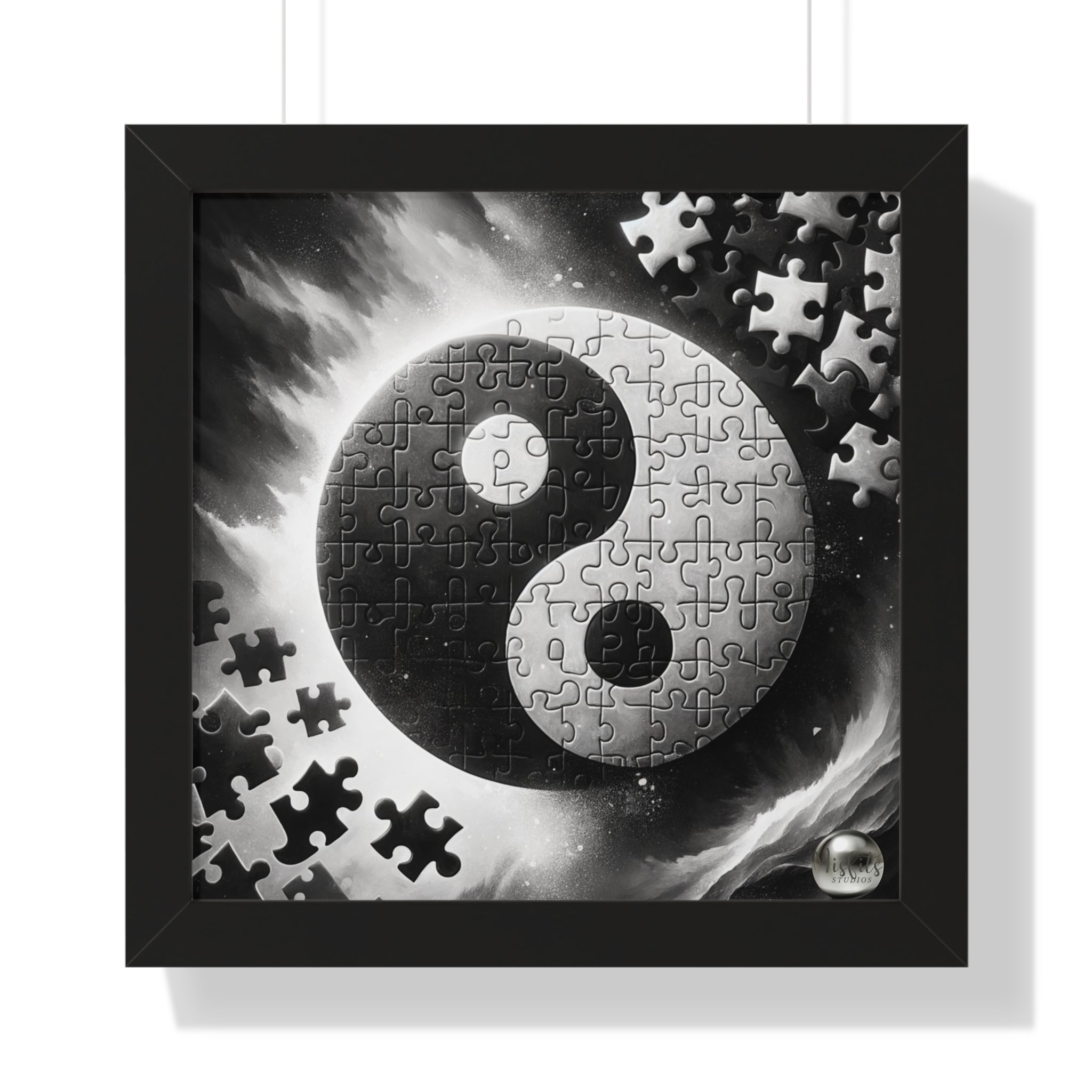 Framed puzzle with a yin yang symbol design on a white background