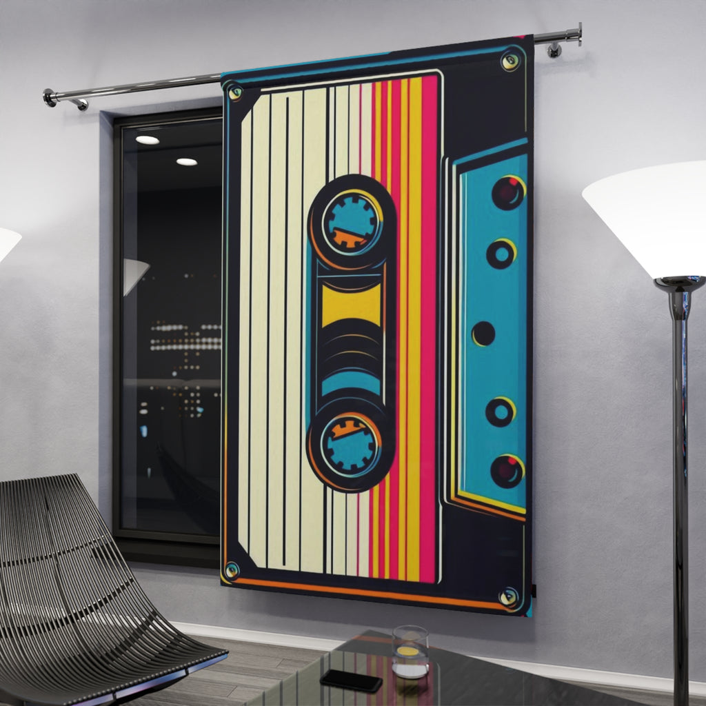 Tape cassette design on a sliding barn door in a modern interior setting.