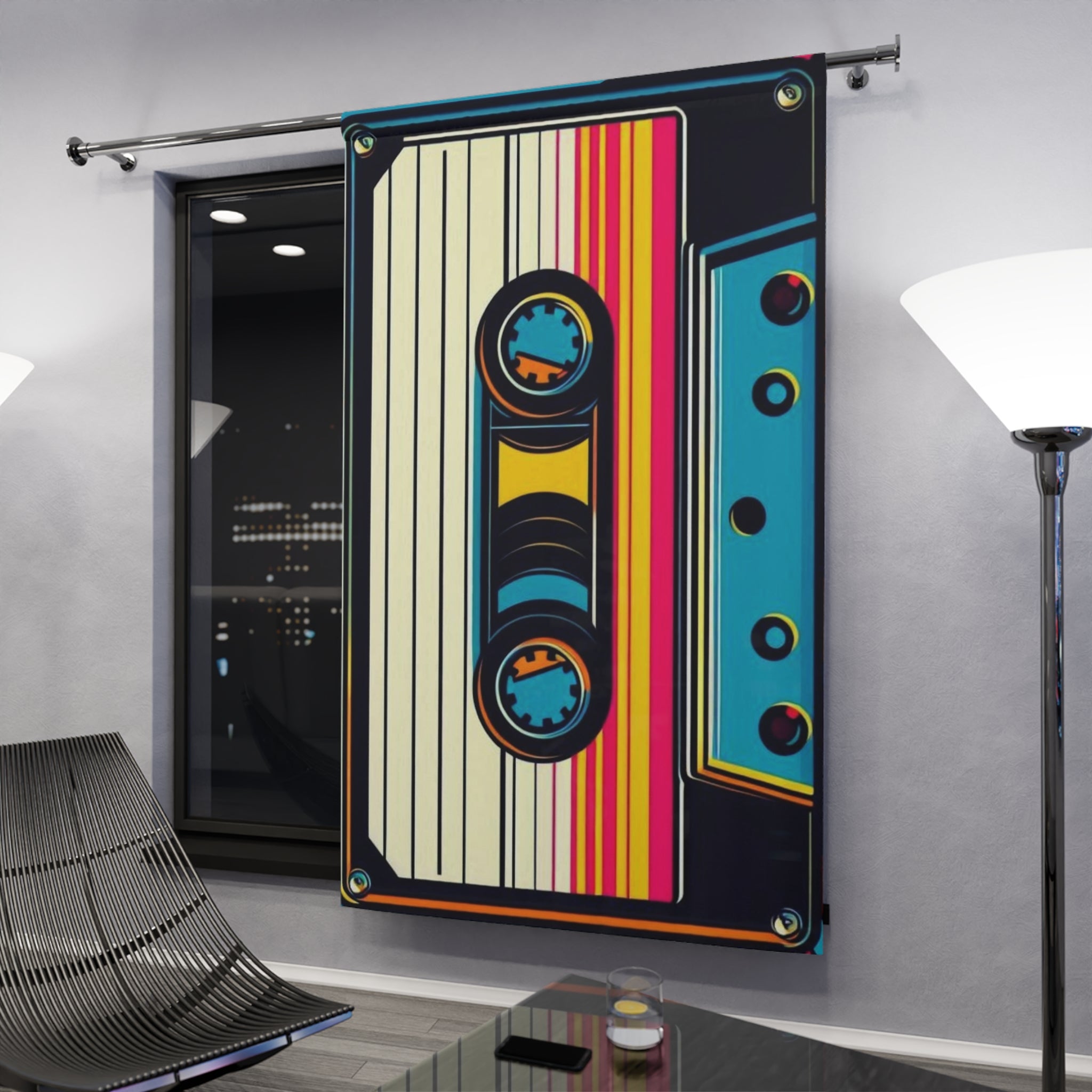 Tape cassette design on a sliding barn door in a modern interior setting.