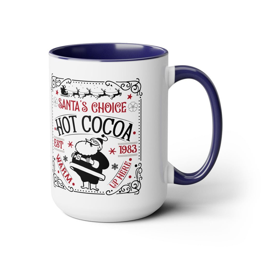 White mug with blue interior and handle featuring 'Santa's Choice Hot Cocoa' text and graphics.