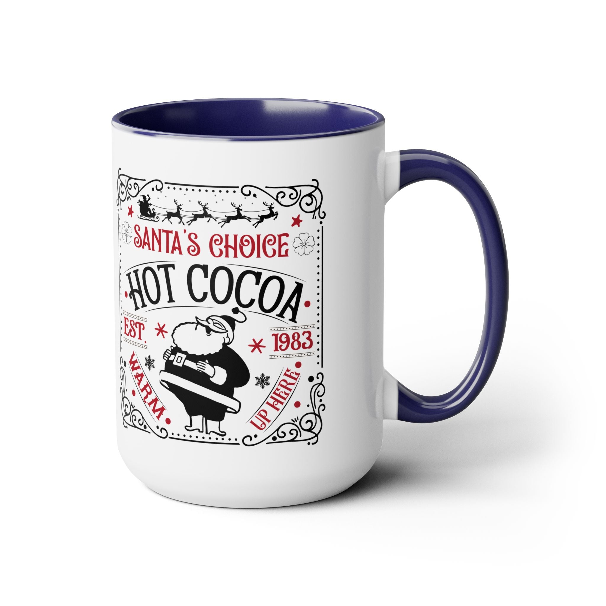 White mug with blue interior and handle featuring 'Santa's Choice Hot Cocoa' text and graphics.