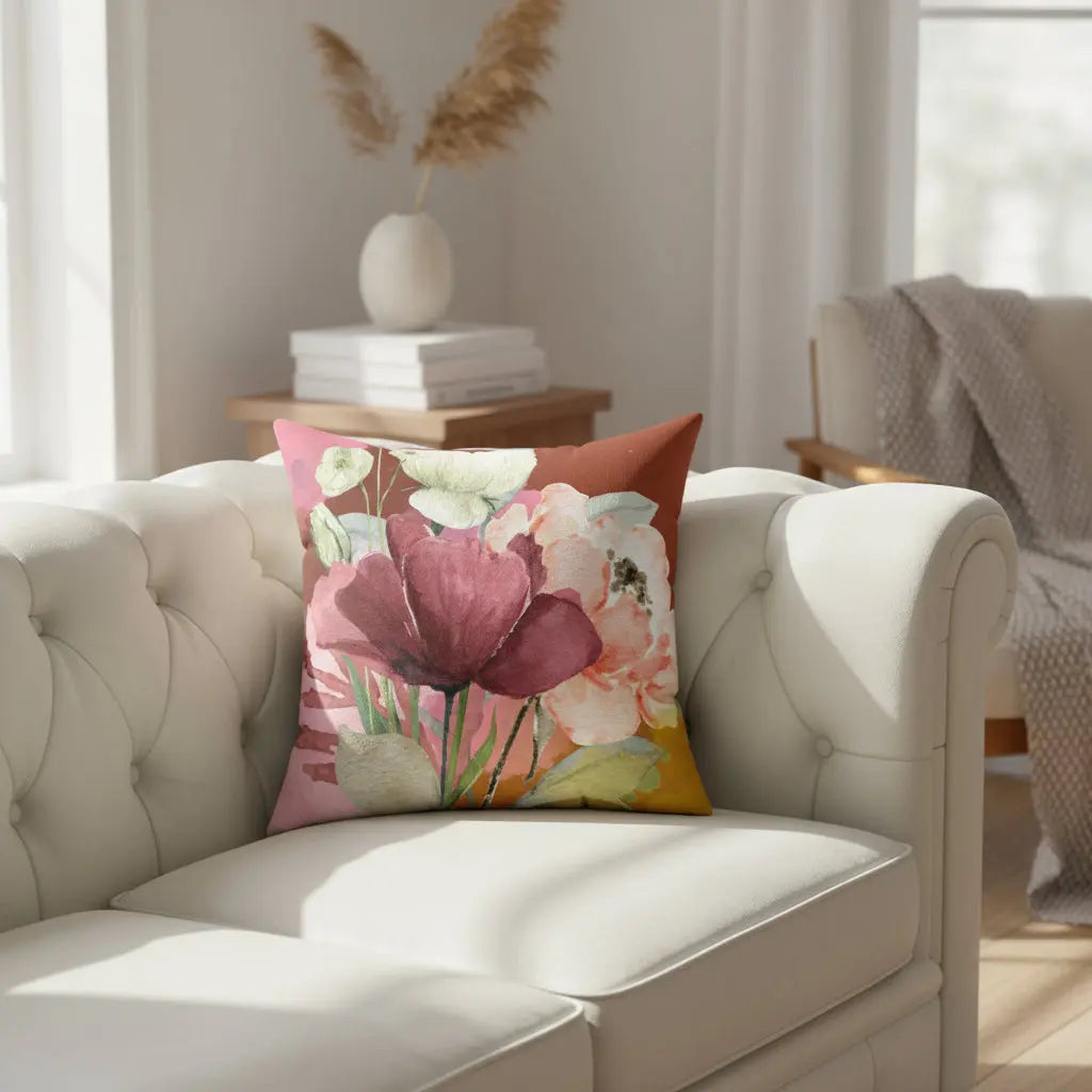 Floral-patterned pillow with pink, red, and green colors on a white background