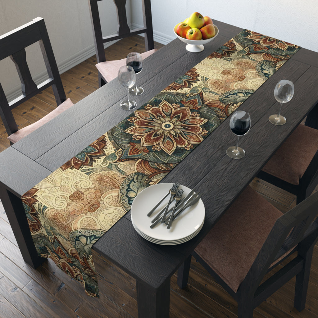 Dining table set with a patterned table runner, plates, and glasses.