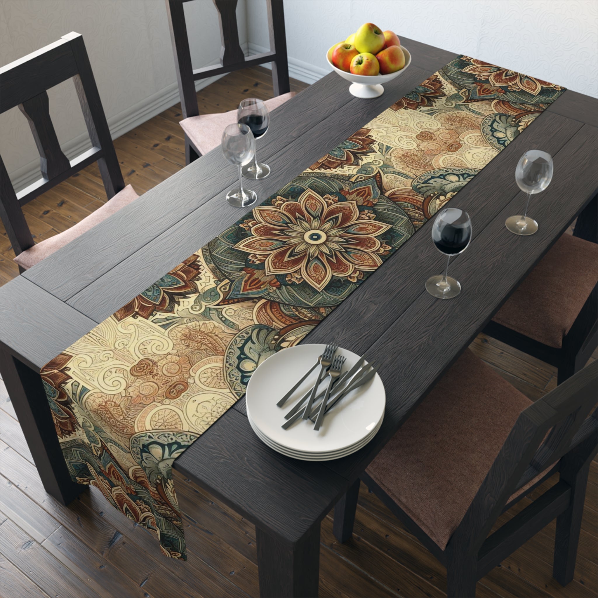 Dining table set with a patterned table runner, plates, and glasses.