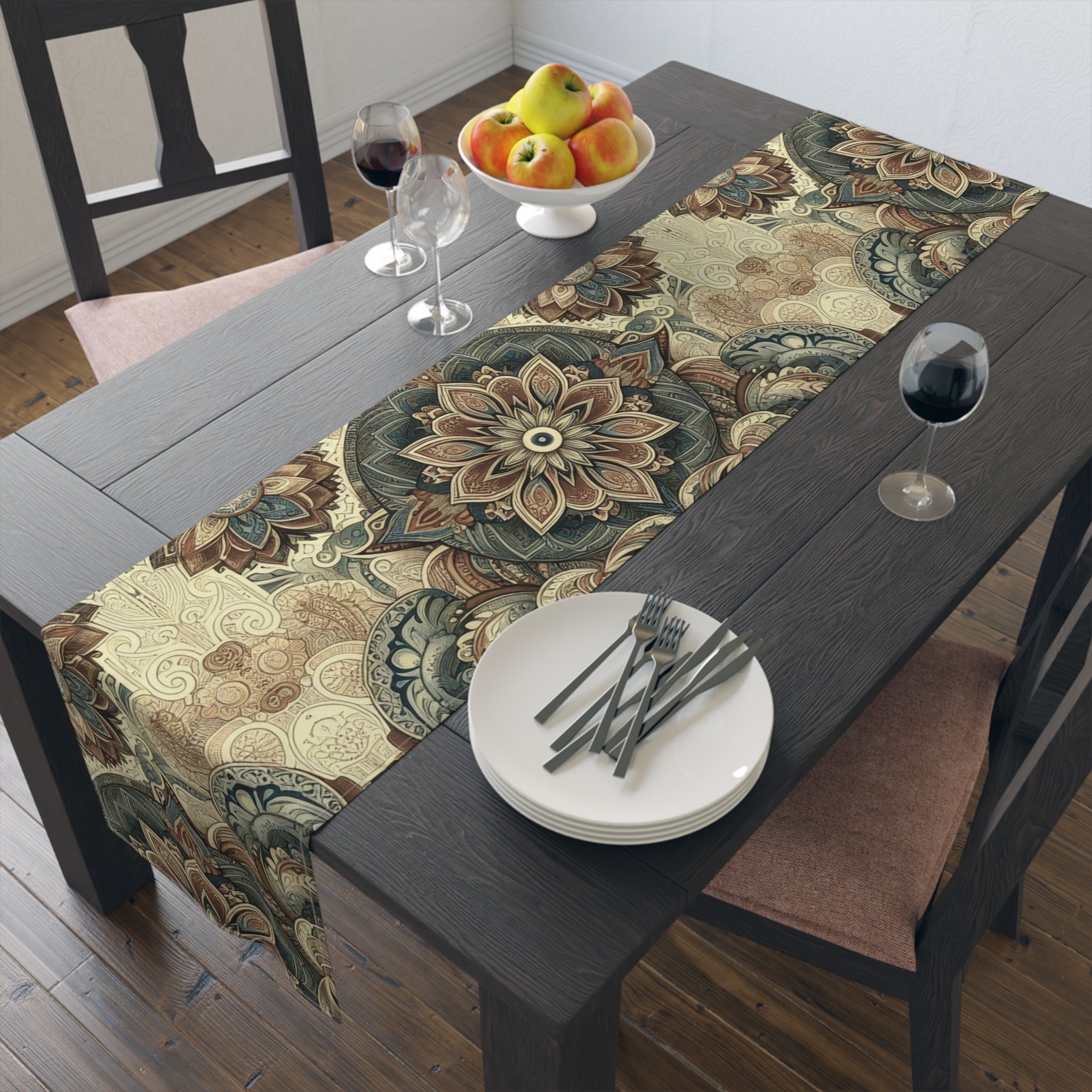 Dining table set with a decorative table runner, plates, cutlery, and fruit on a wooden floor.