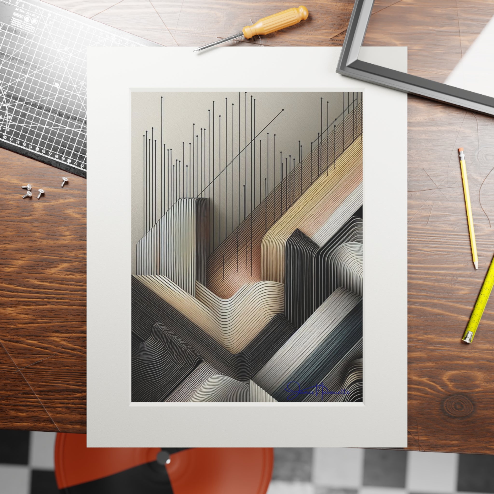Framed abstract artwork on a wooden table with tools