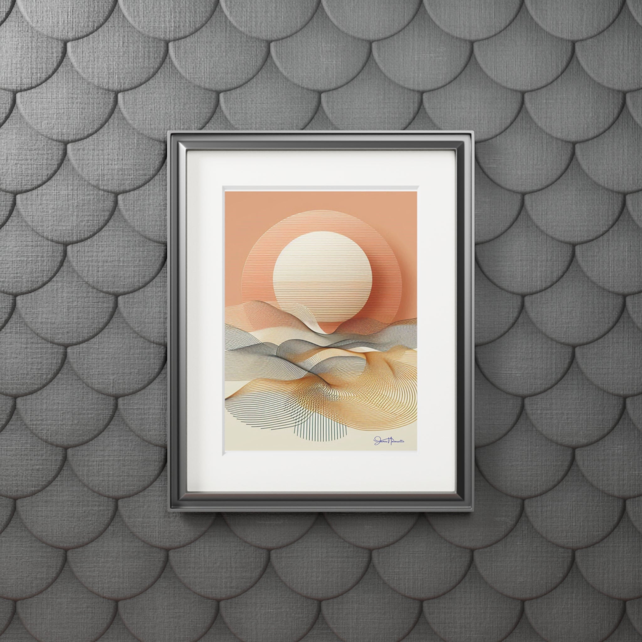 Framed abstract art piece on a textured gray wall