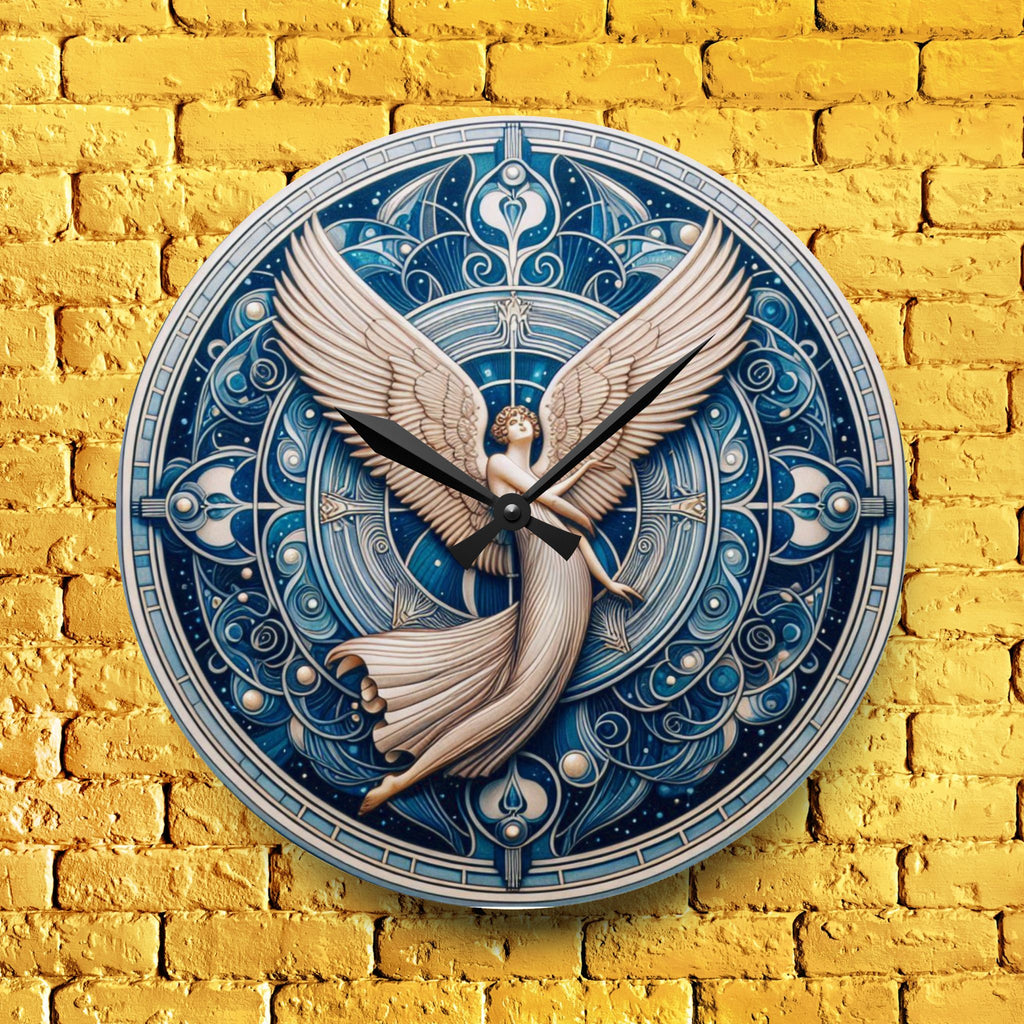 Decorative wall clock with angel design on a yellow brick wall