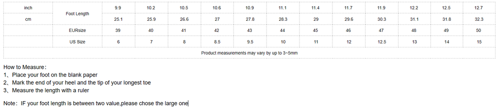 Measurement chart for foot length with values from 9 to 12.7 inches.