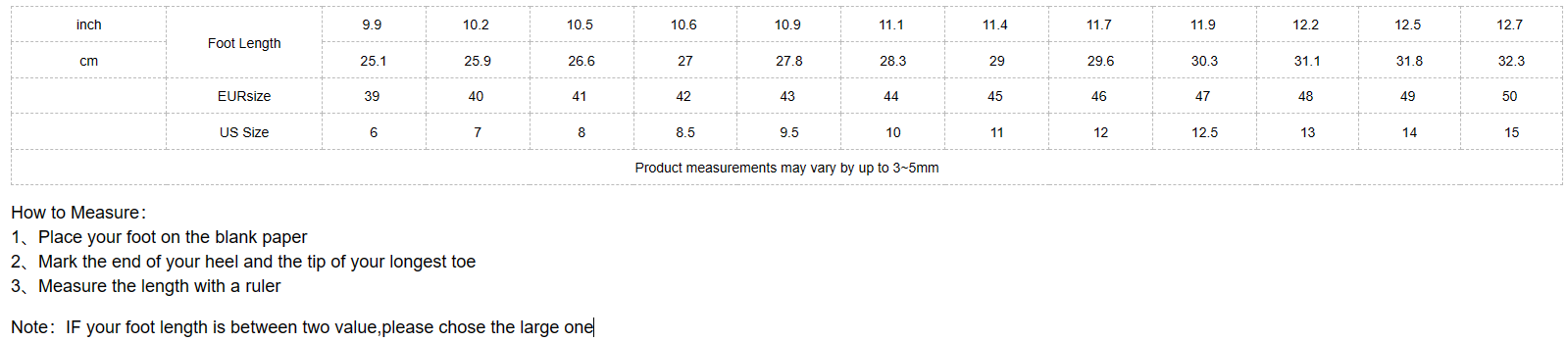 Measurement chart for foot length with values from 9 to 12.7 inches.