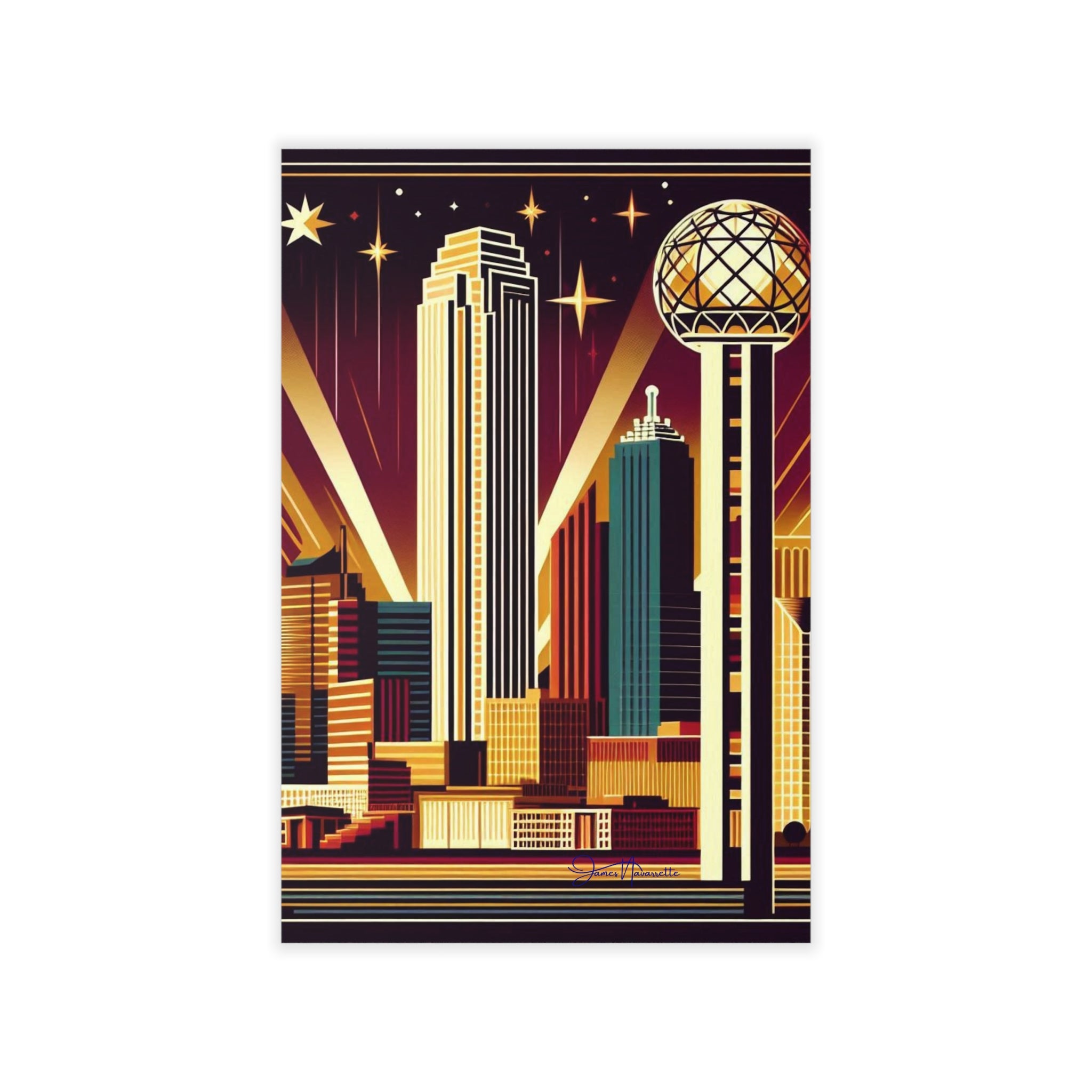 Artistic depiction of a city skyline with prominent buildings on a white background