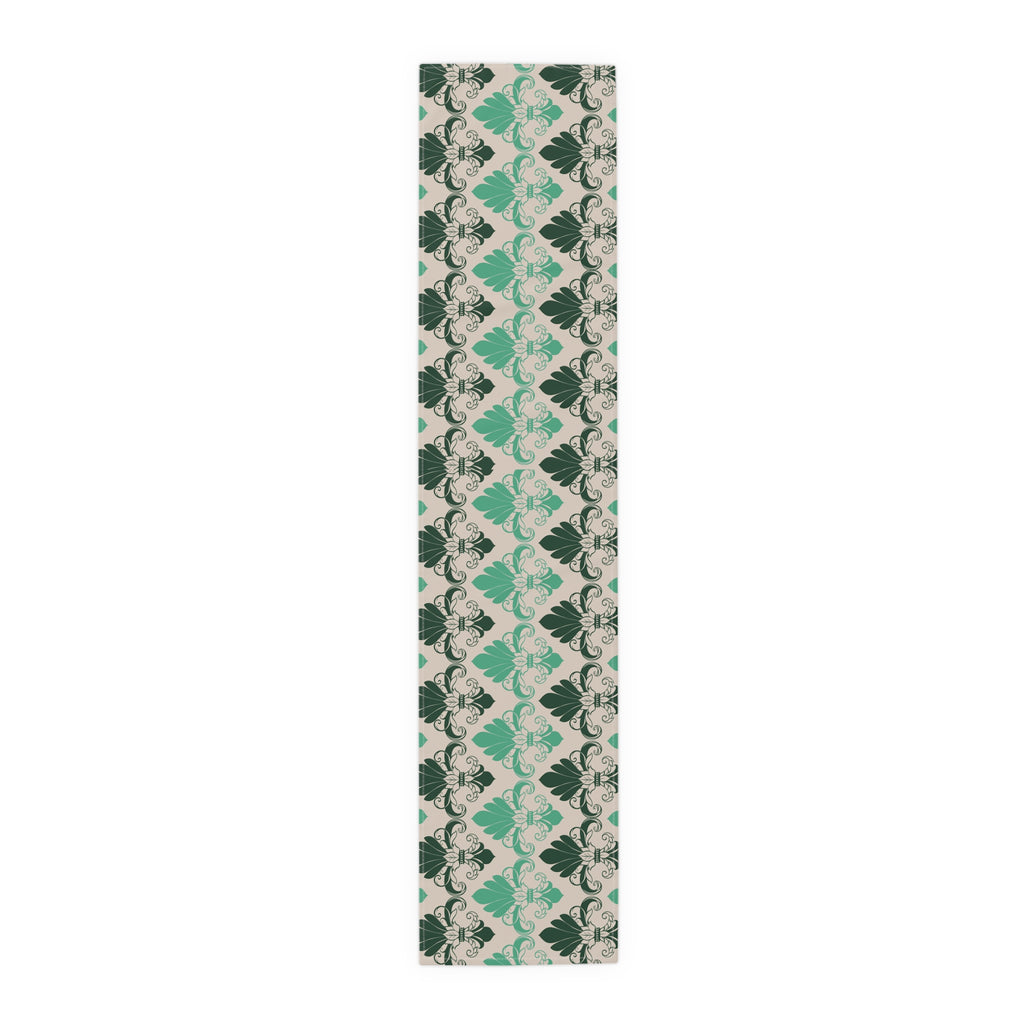 Yoga mat with green and beige pattern on a white background