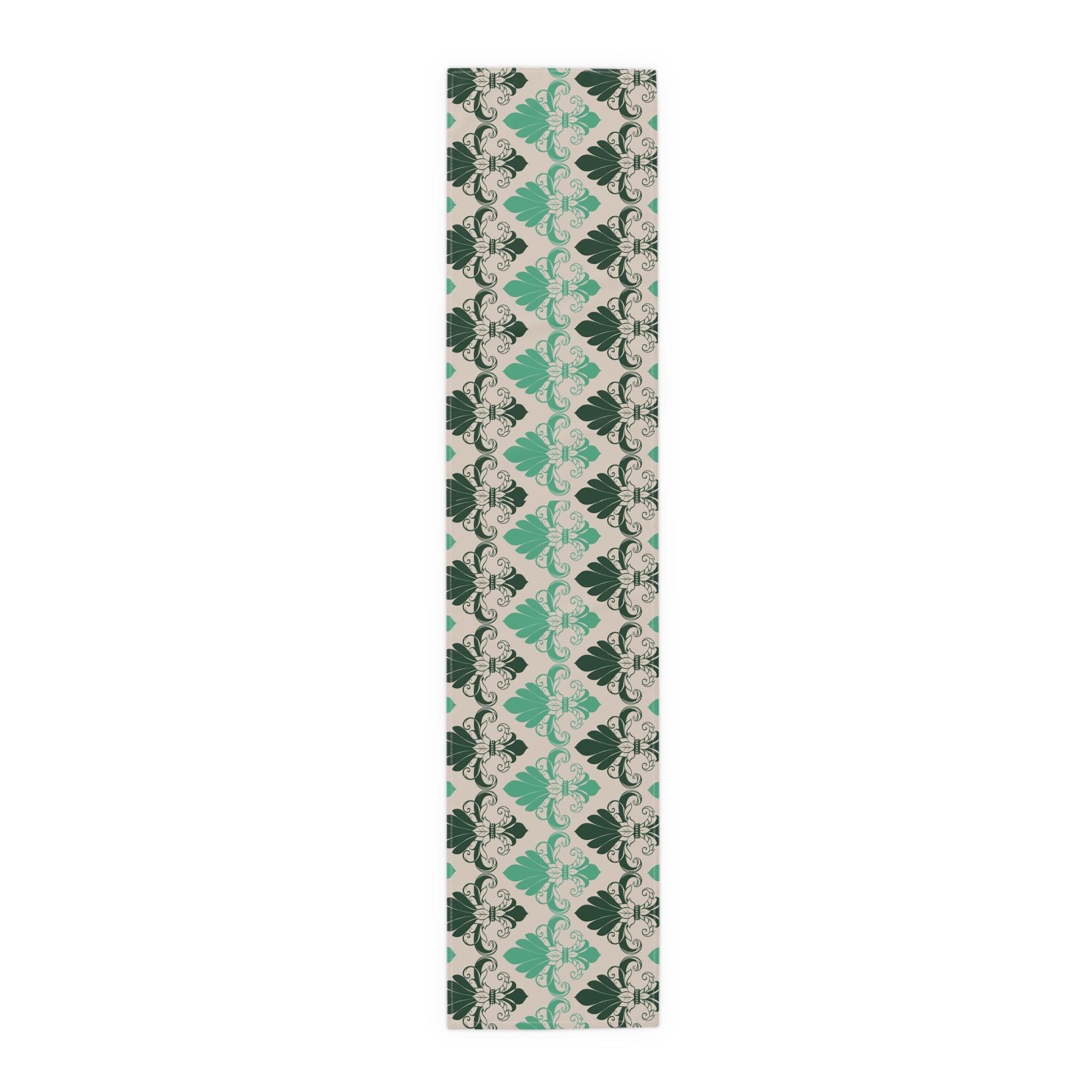 Yoga mat with green and beige pattern on a white background