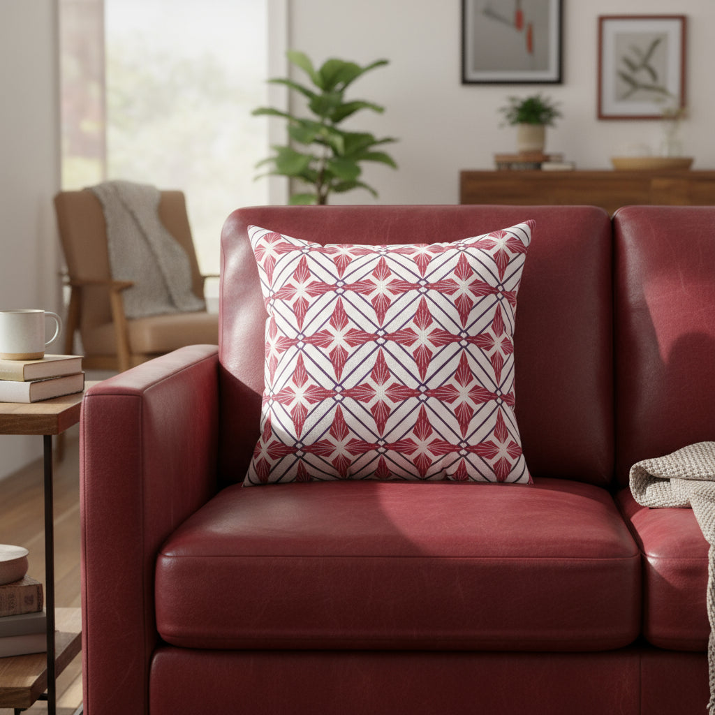 Decorative pillow with red and white geometric pattern on a white background