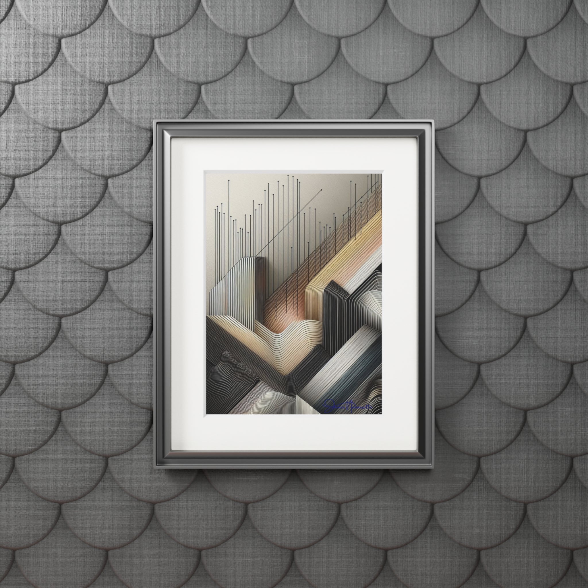 Framed abstract art piece on a textured gray wall