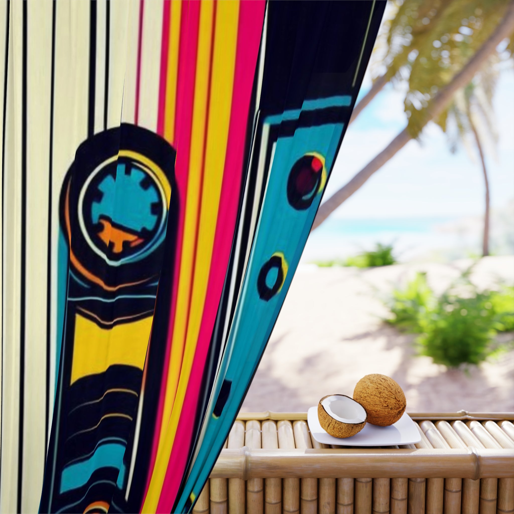 Colorful surfboard with abstract design on a beach setting