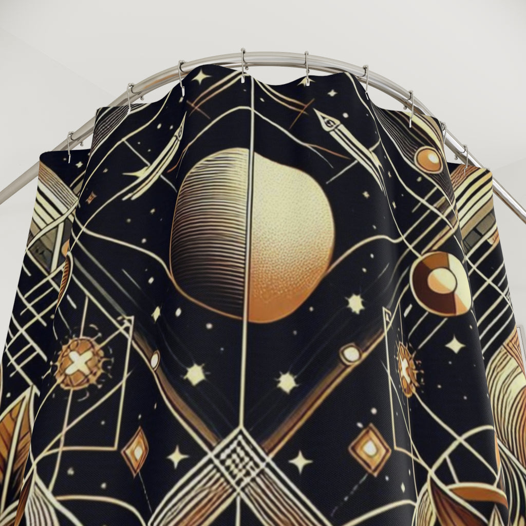 Hanging fabric with celestial pattern featuring planets and stars on a neutral background