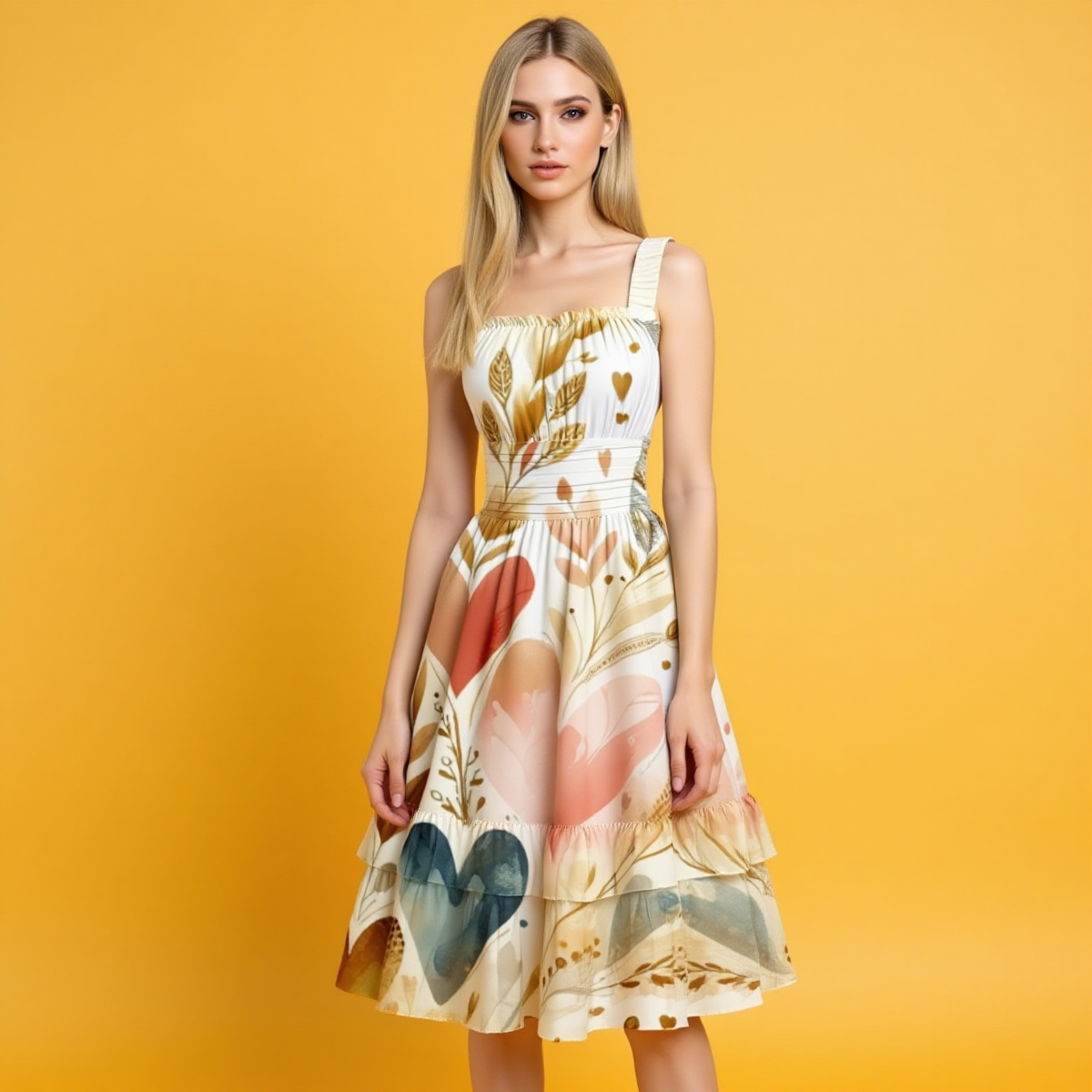 Women's Floral Heart Ruffle Hem Dress in Golden Hue