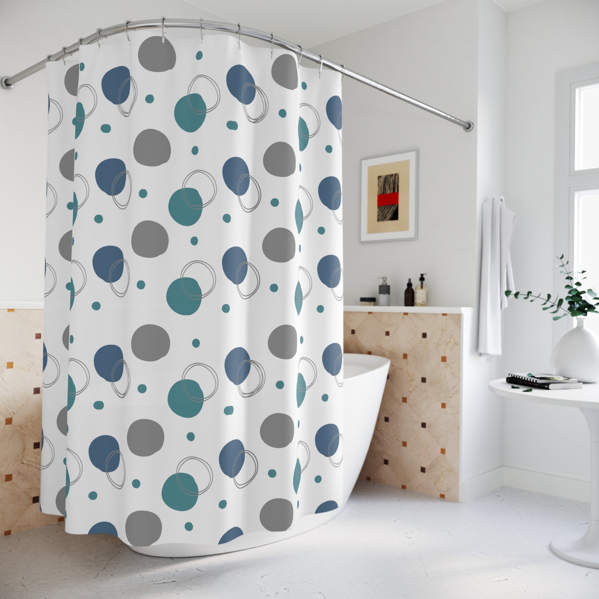 Shower curtain with circular pattern in a bathroom setting