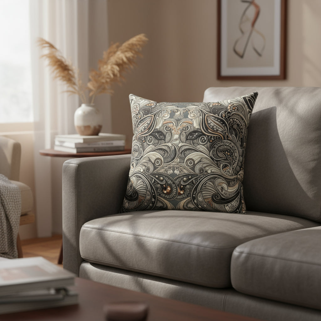 Decorative pillow with intricate paisley pattern on a white background