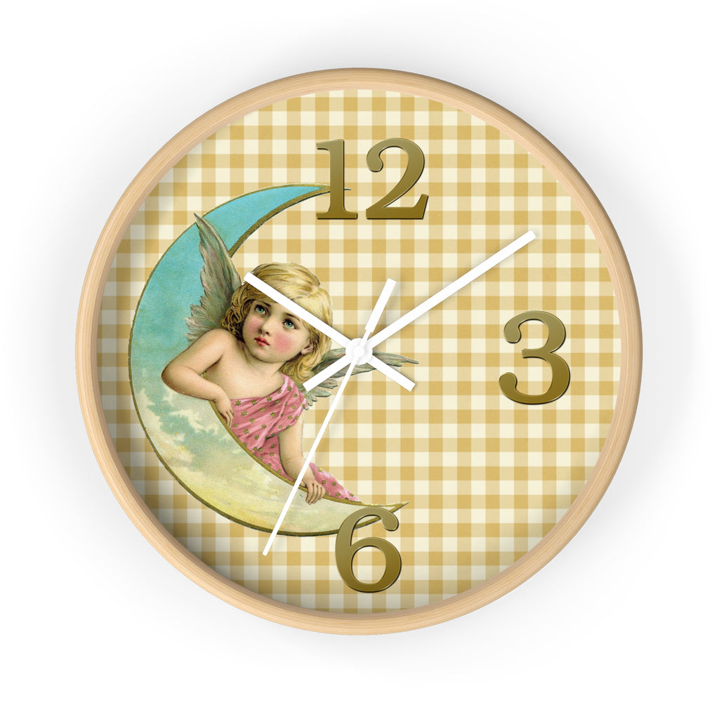 Decorative wall clock with angel design on a checkered background