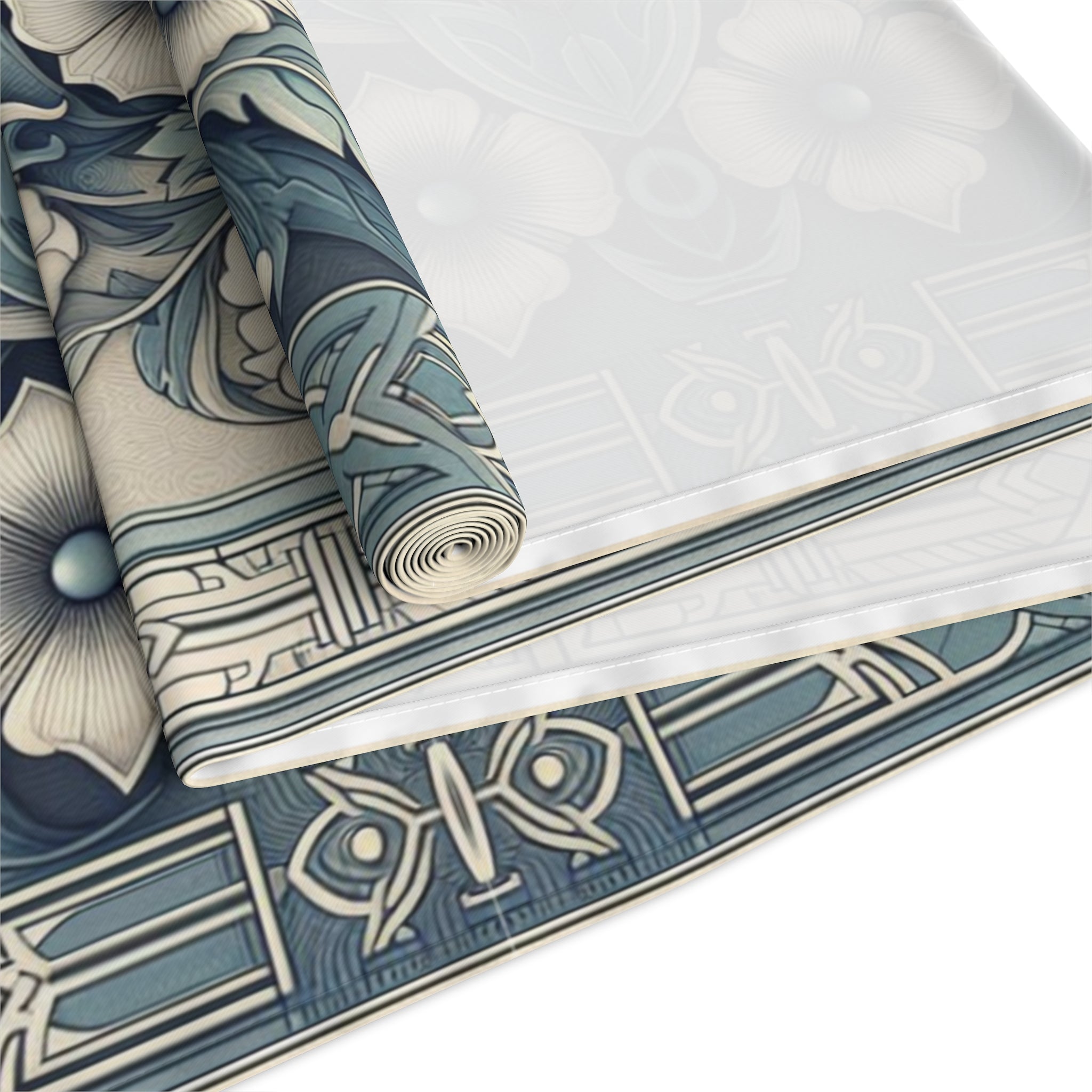 Antique Periwinkle and White Floral Pattern Table Runner- Available in Cotton Twill or Polyester - 16x72 or 16x90 -