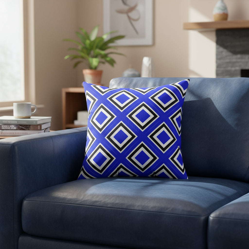 Blue pillow with geometric pattern on a white background