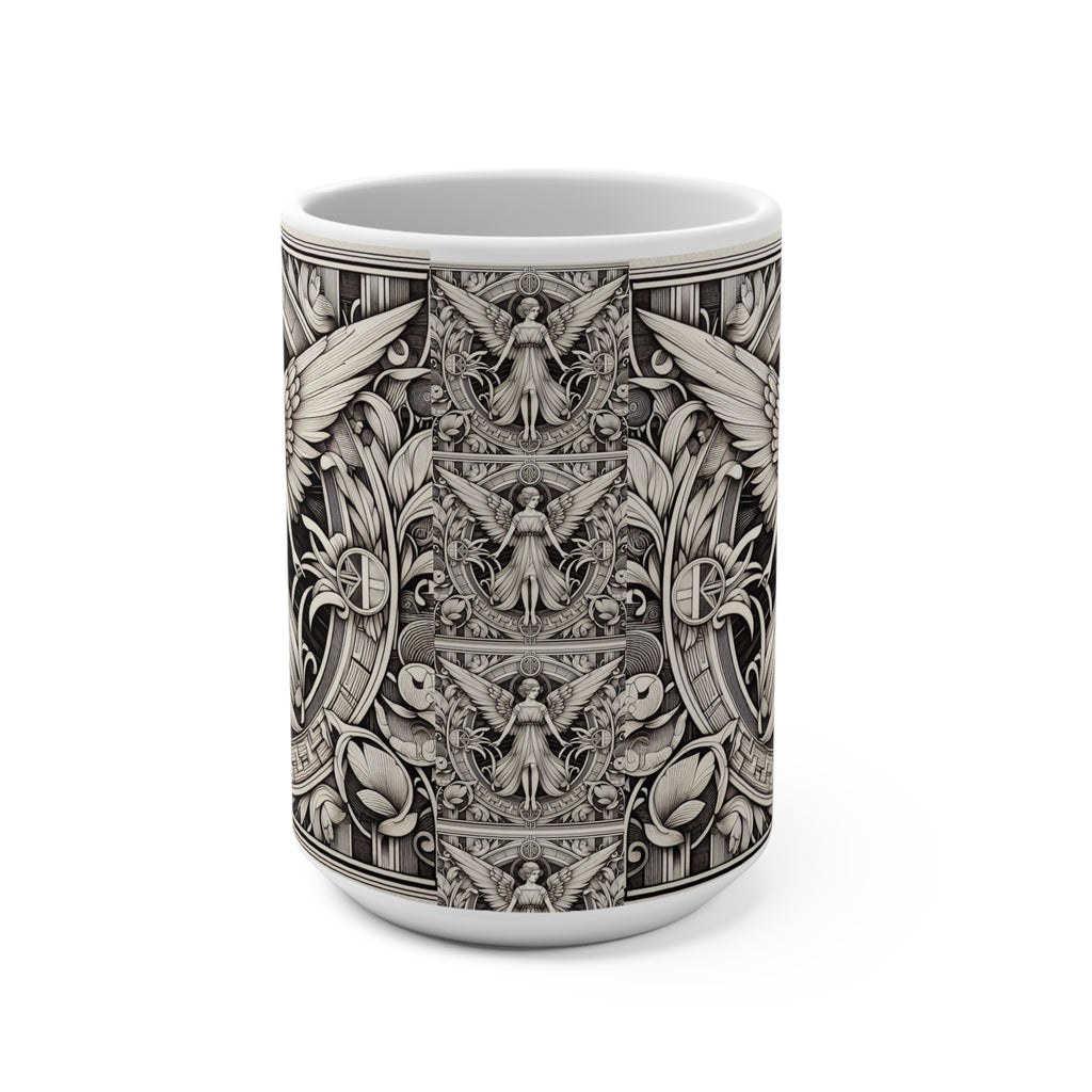 White mug with intricate black and white design featuring angels and geometric patterns on a white background