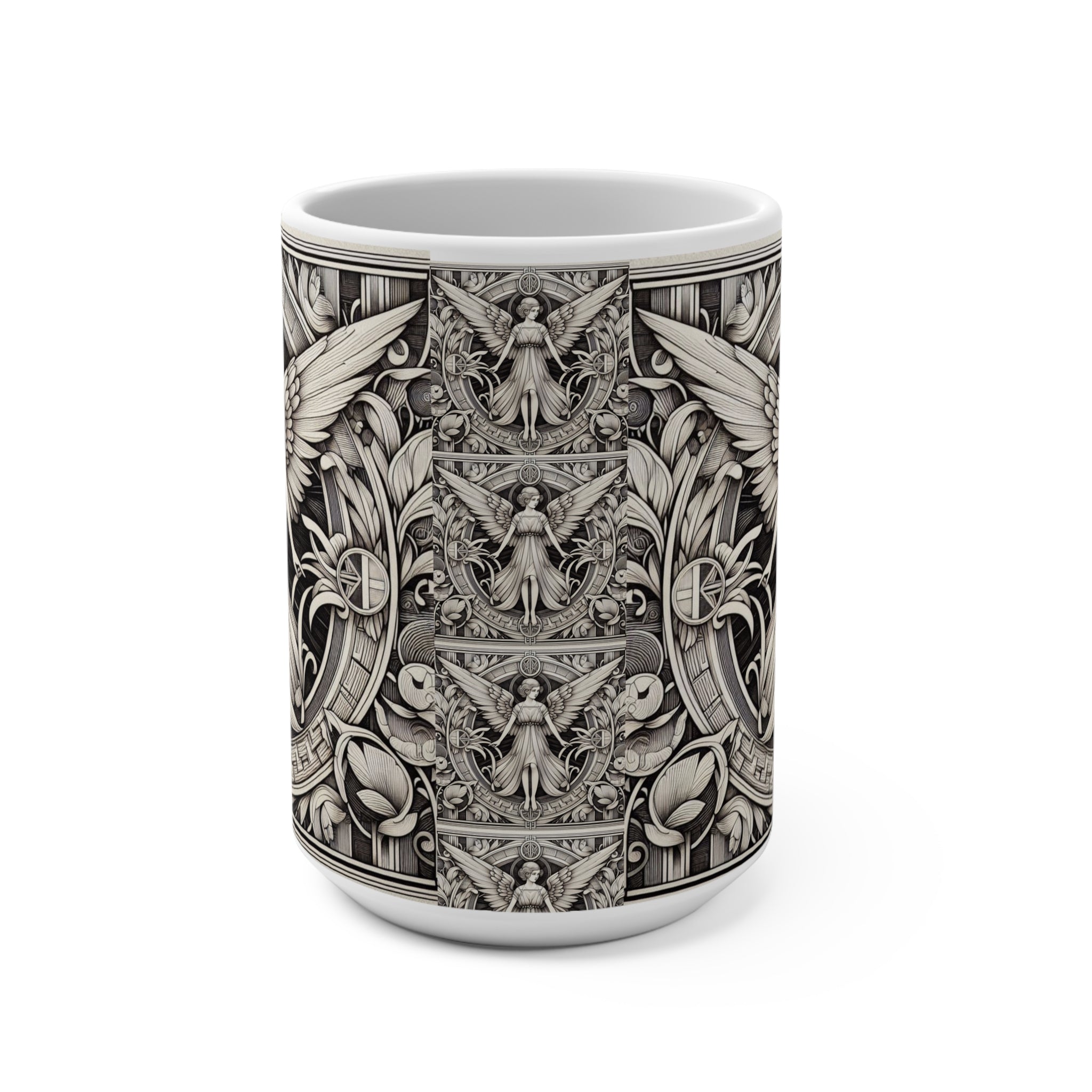 White mug with intricate black and white design featuring angels and geometric patterns on a white background