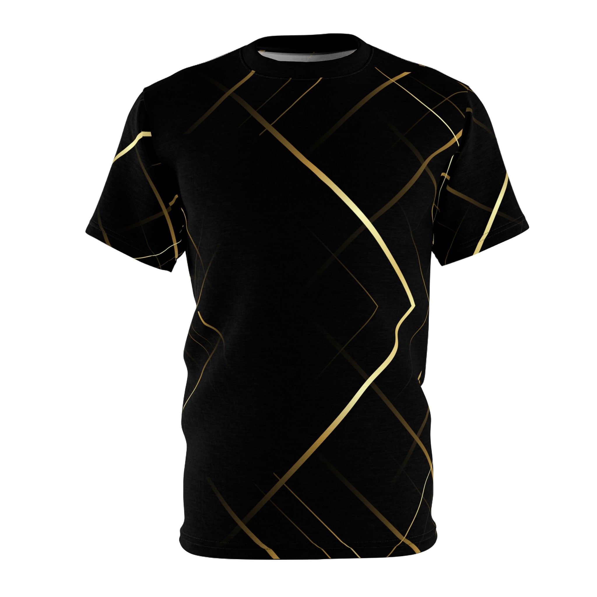 Black t-shirt with gold geometric patterns on a white background