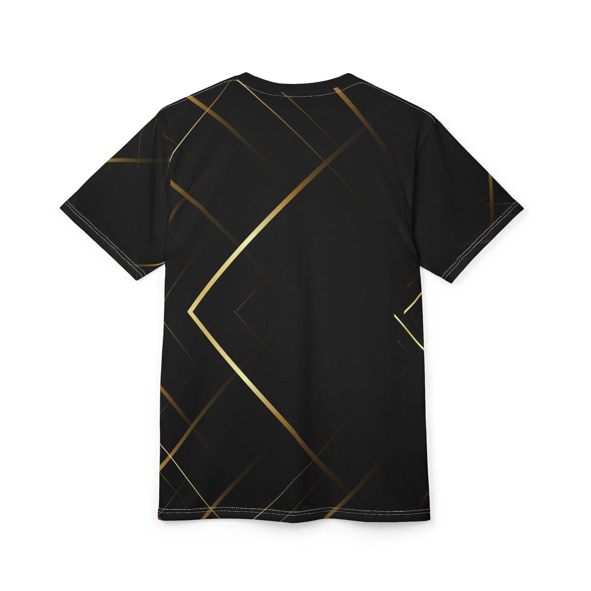 Black t-shirt with gold geometric patterns on a white background